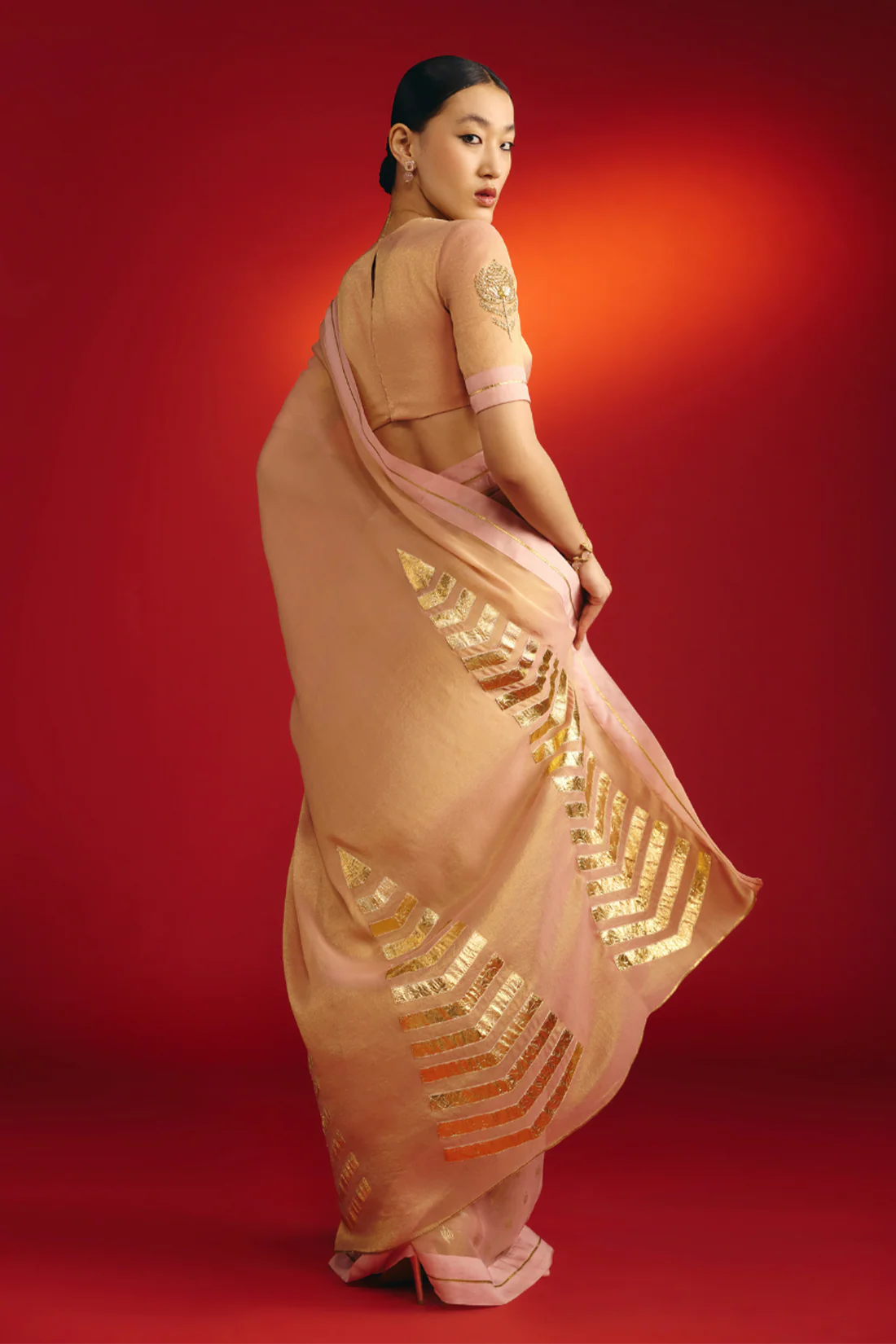Baby Pink Droopy Bloom Gota Saree - Image 3