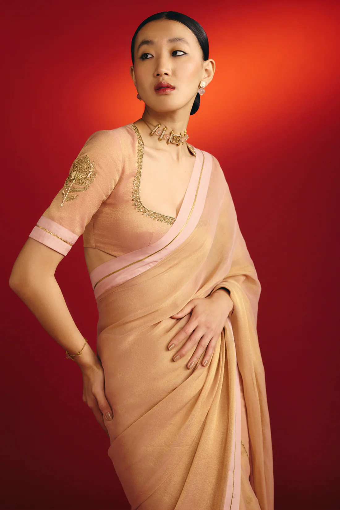 Baby Pink Droopy Bloom Gota Saree - Image 4