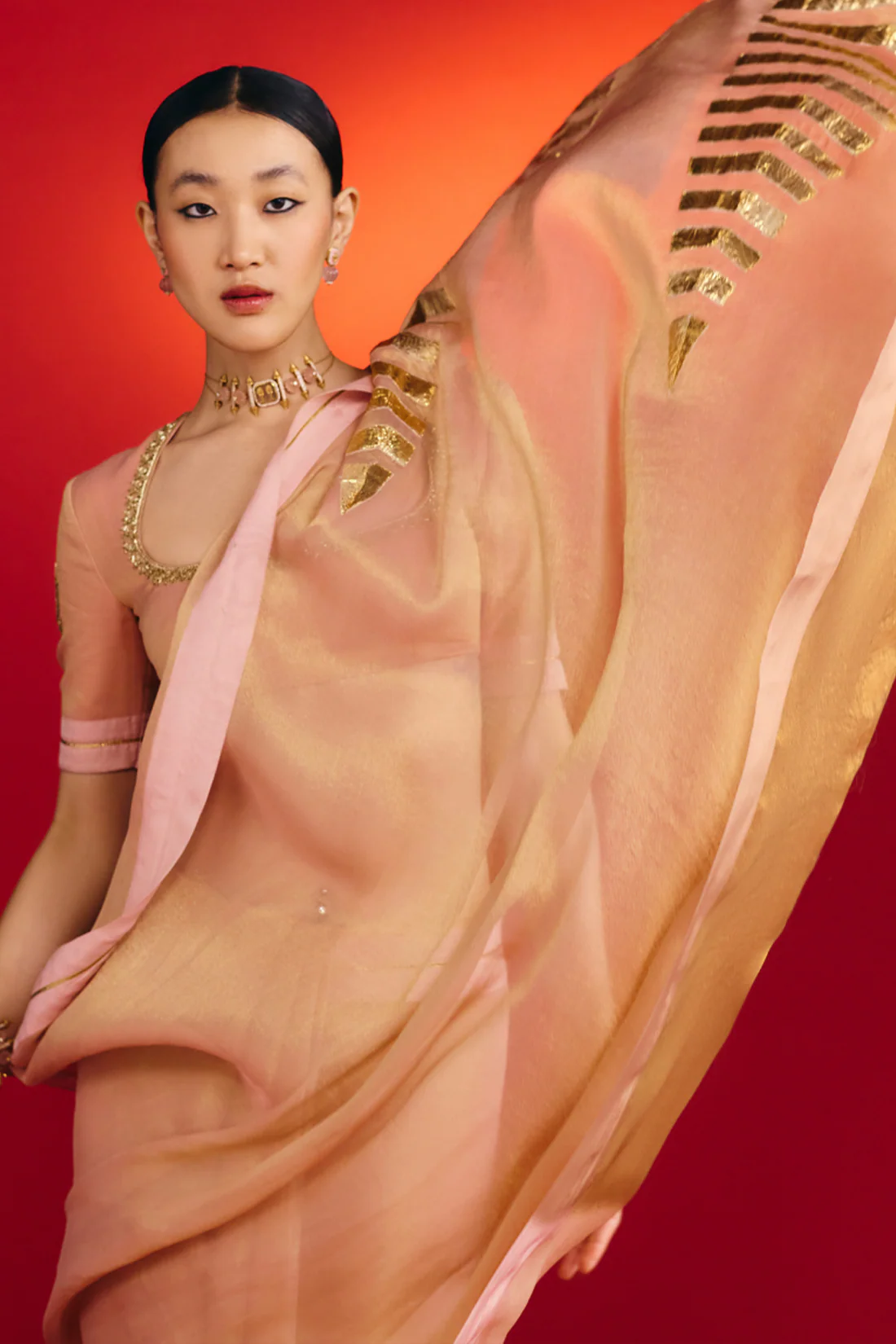 Baby Pink Droopy Bloom Gota Saree - Image 5