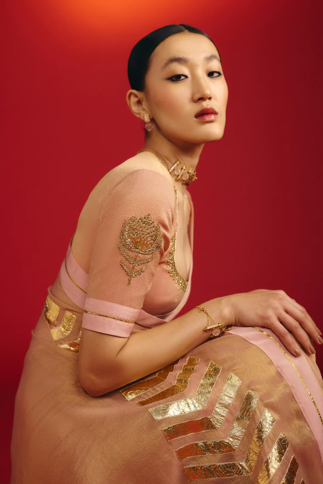 Baby Pink Droopy Bloom Gota Saree - Image 7