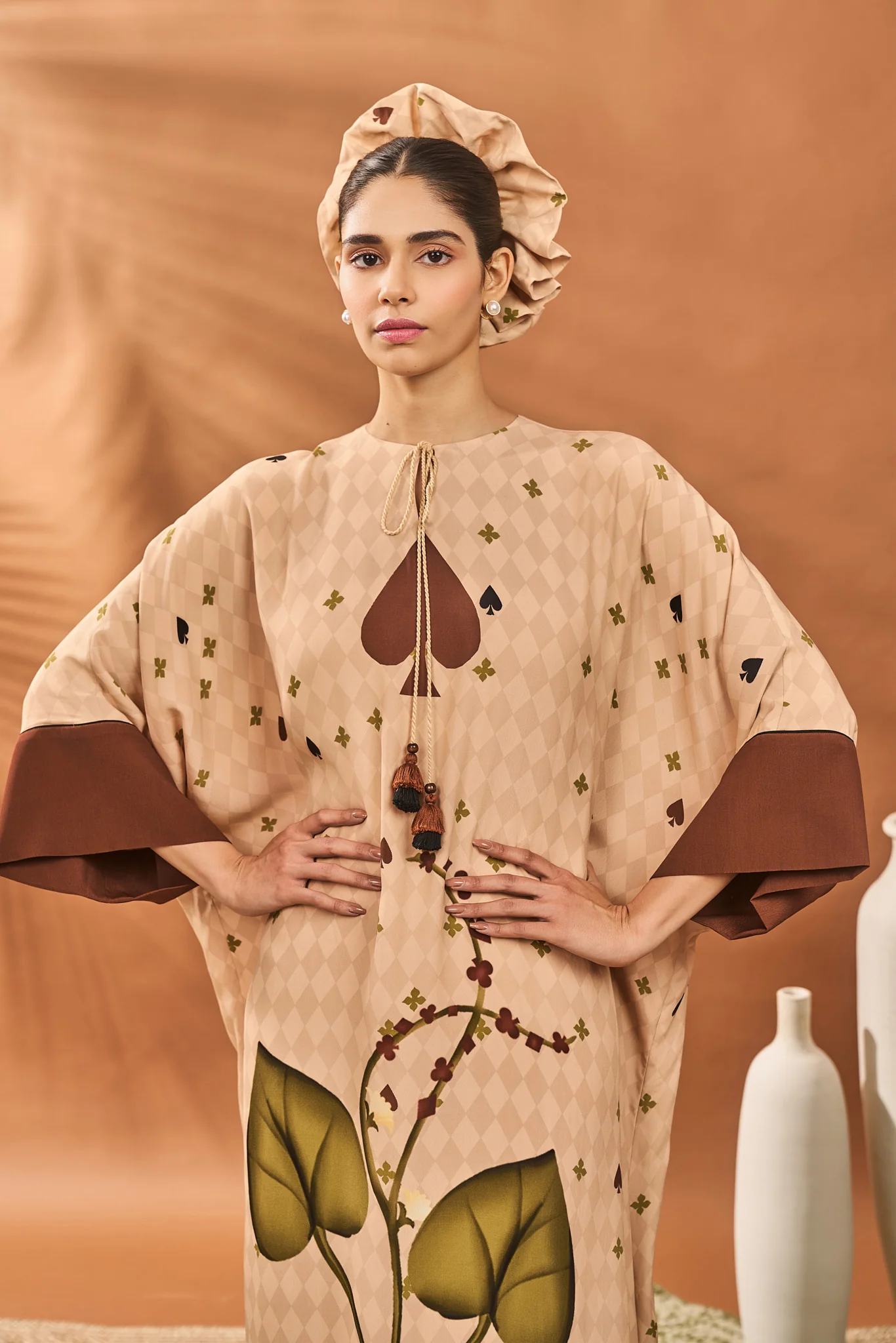 Beige Clover Checks Kaftan - Image 3