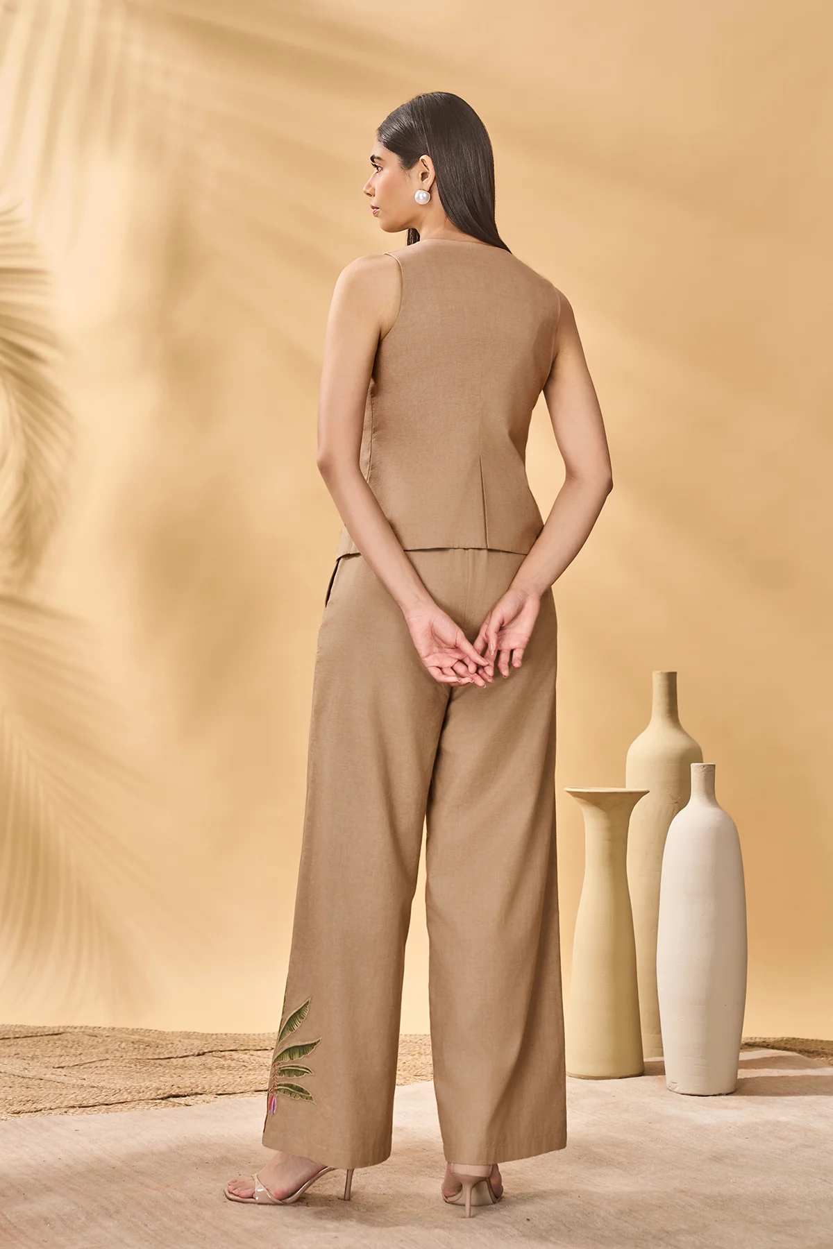 Beige Trellis Palm Waistcoat Set - Image 3