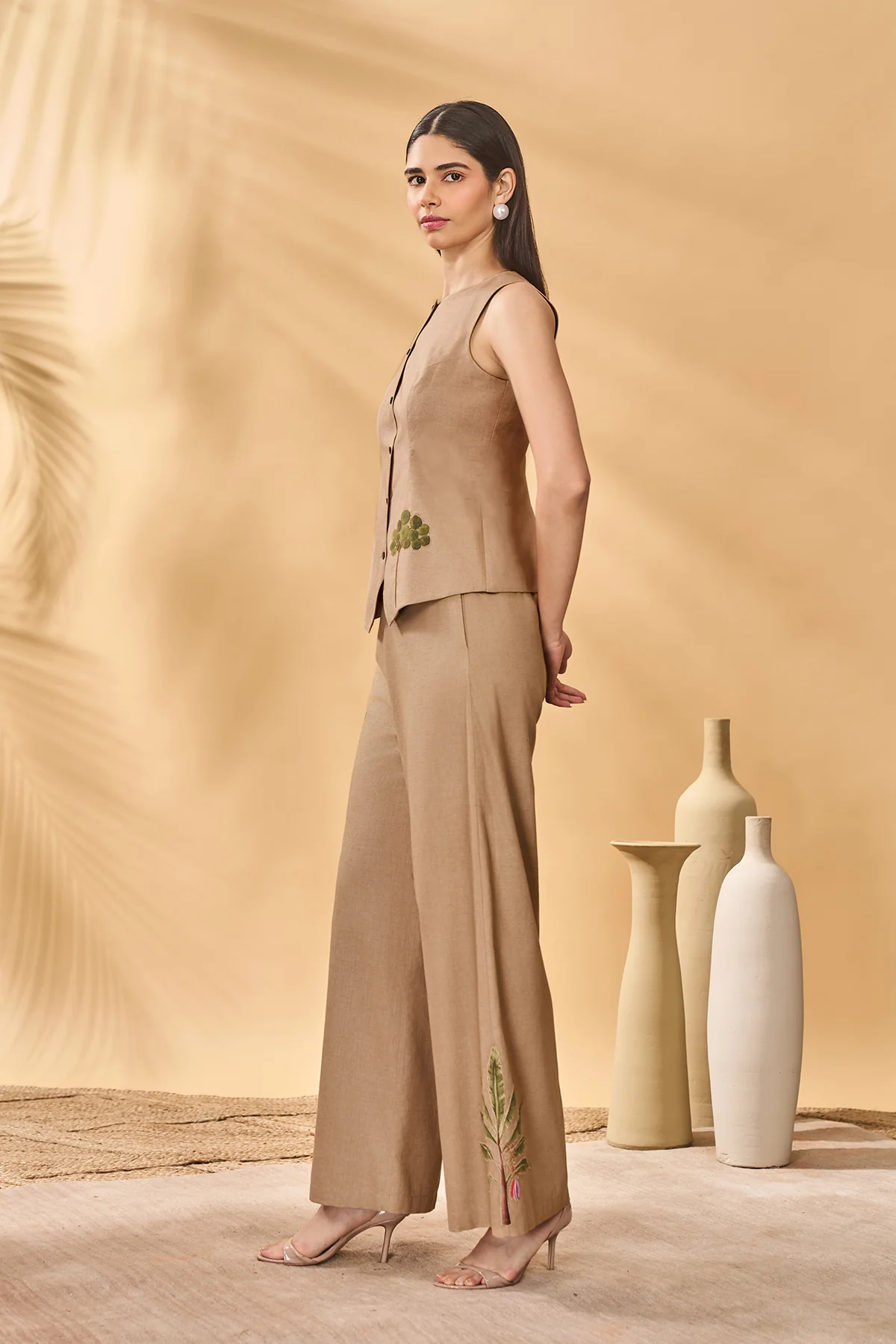 Beige Trellis Palm Waistcoat Set - Image 4