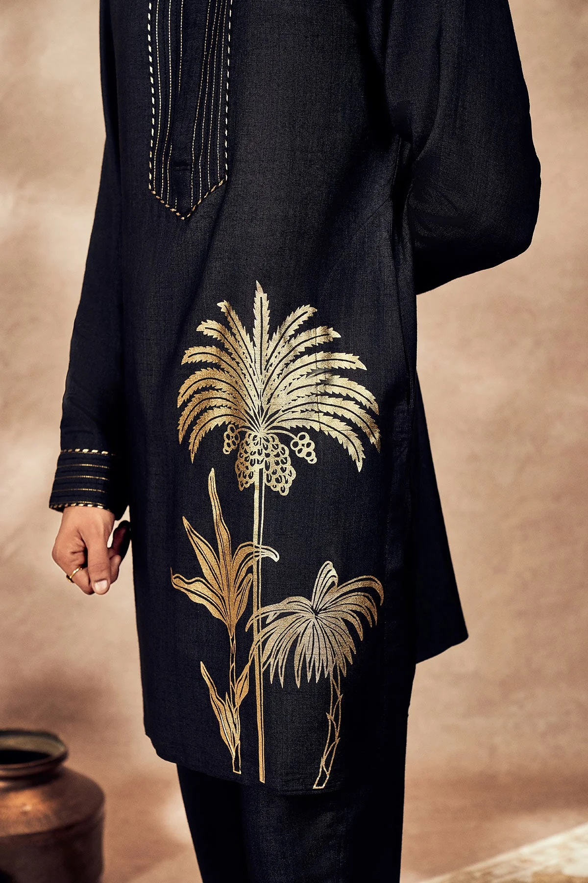 Black Palm Blooms Kurta Set - Image 2