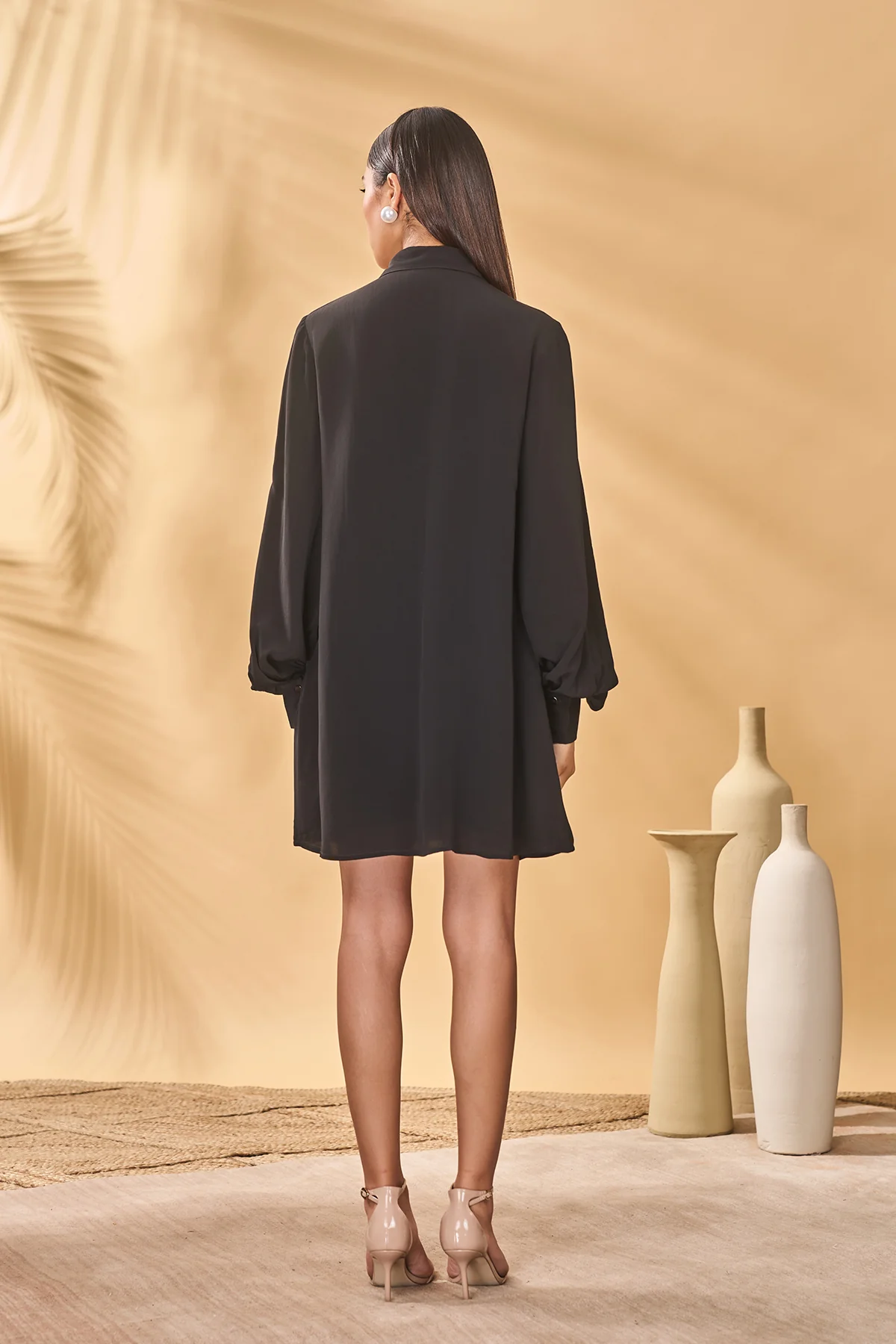 Black Trellis Palm Khadi Shirt Dress - Image 5