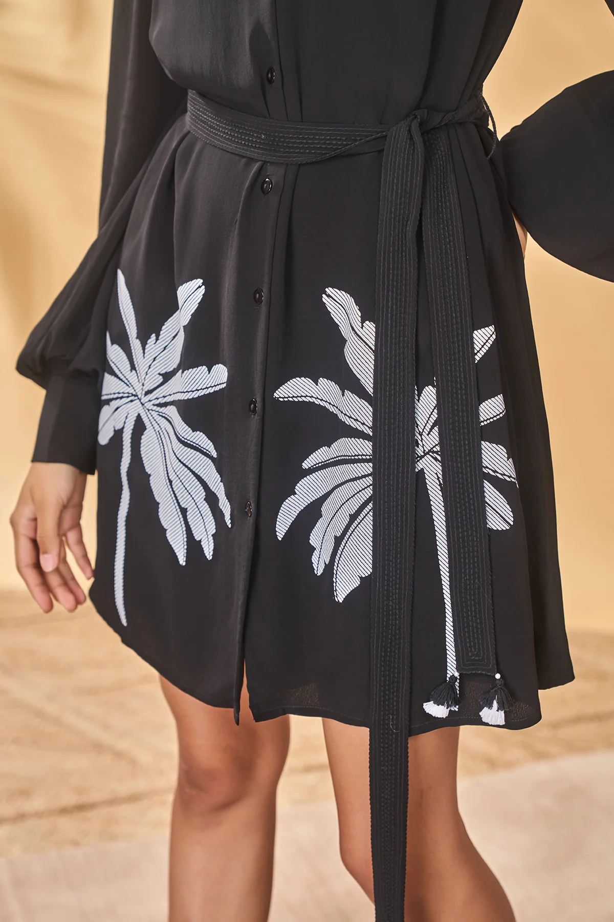 Black Trellis Palm Khadi Shirt Dress - Image 8