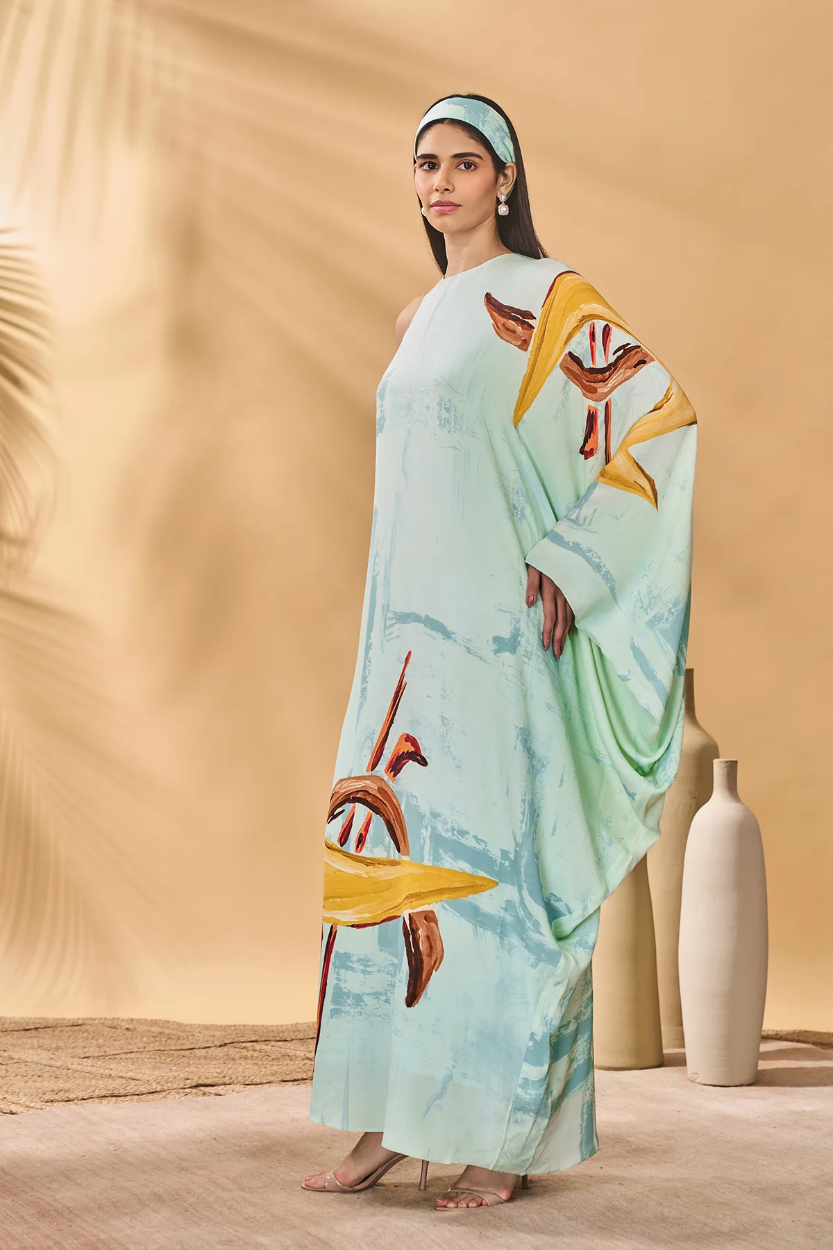Blue Feathered Asymmetrical Kaftan - Image 3