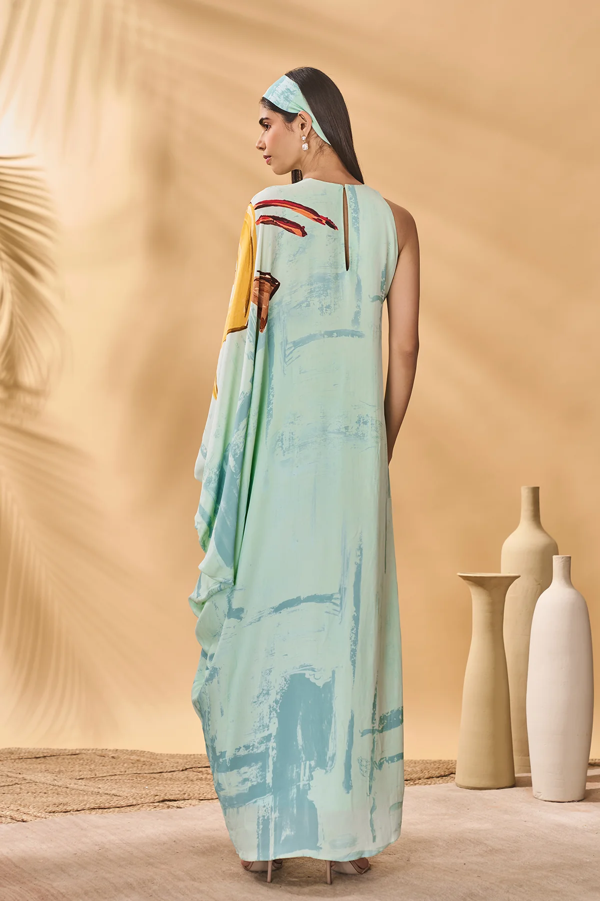 Blue Feathered Asymmetrical Kaftan - Image 5