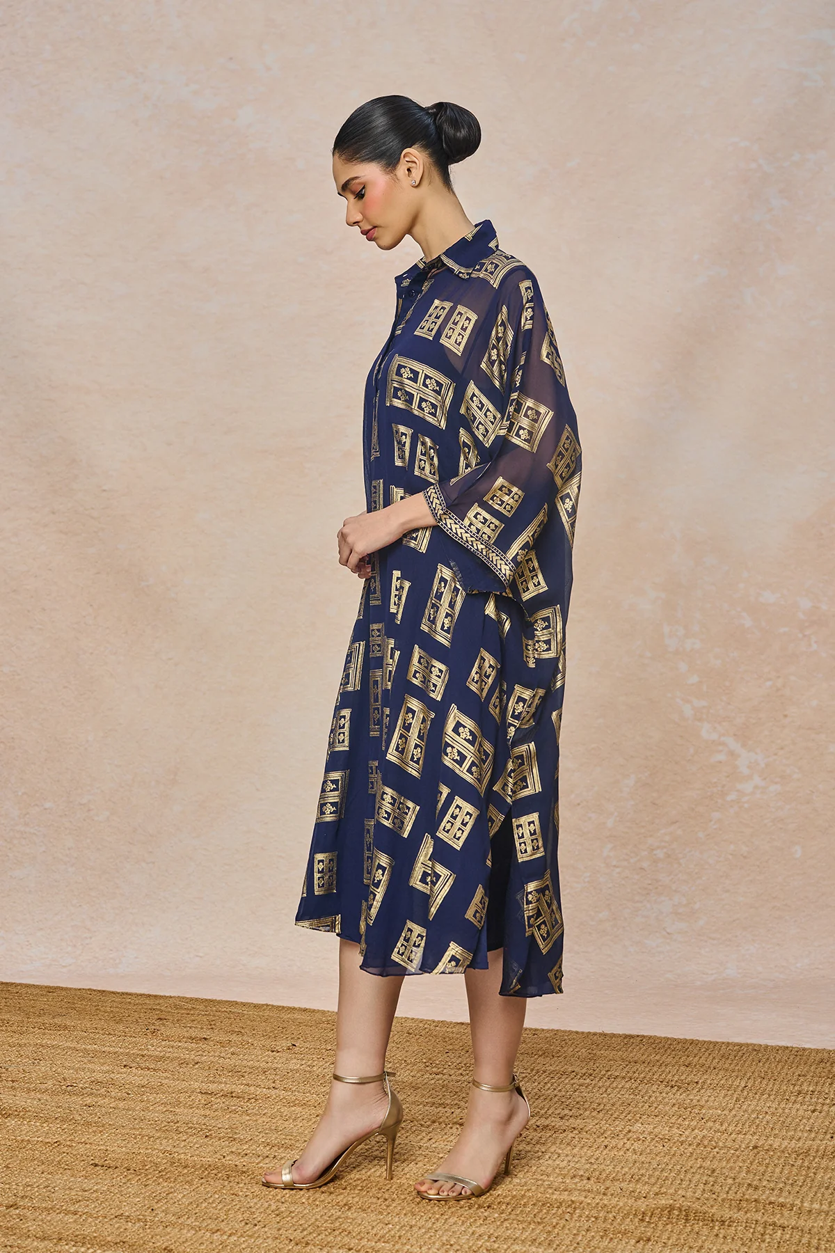 Blue Open Doors Foil Collar Kaftan - Image 3