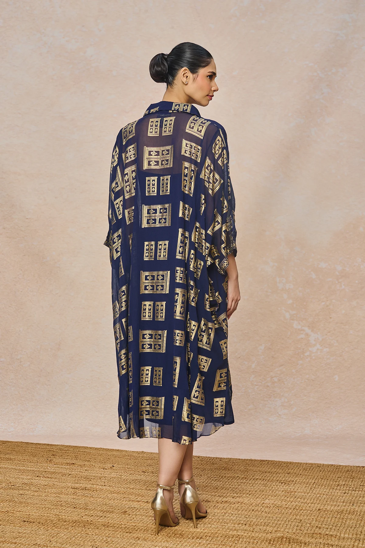 Blue Open Doors Foil Collar Kaftan - Image 5