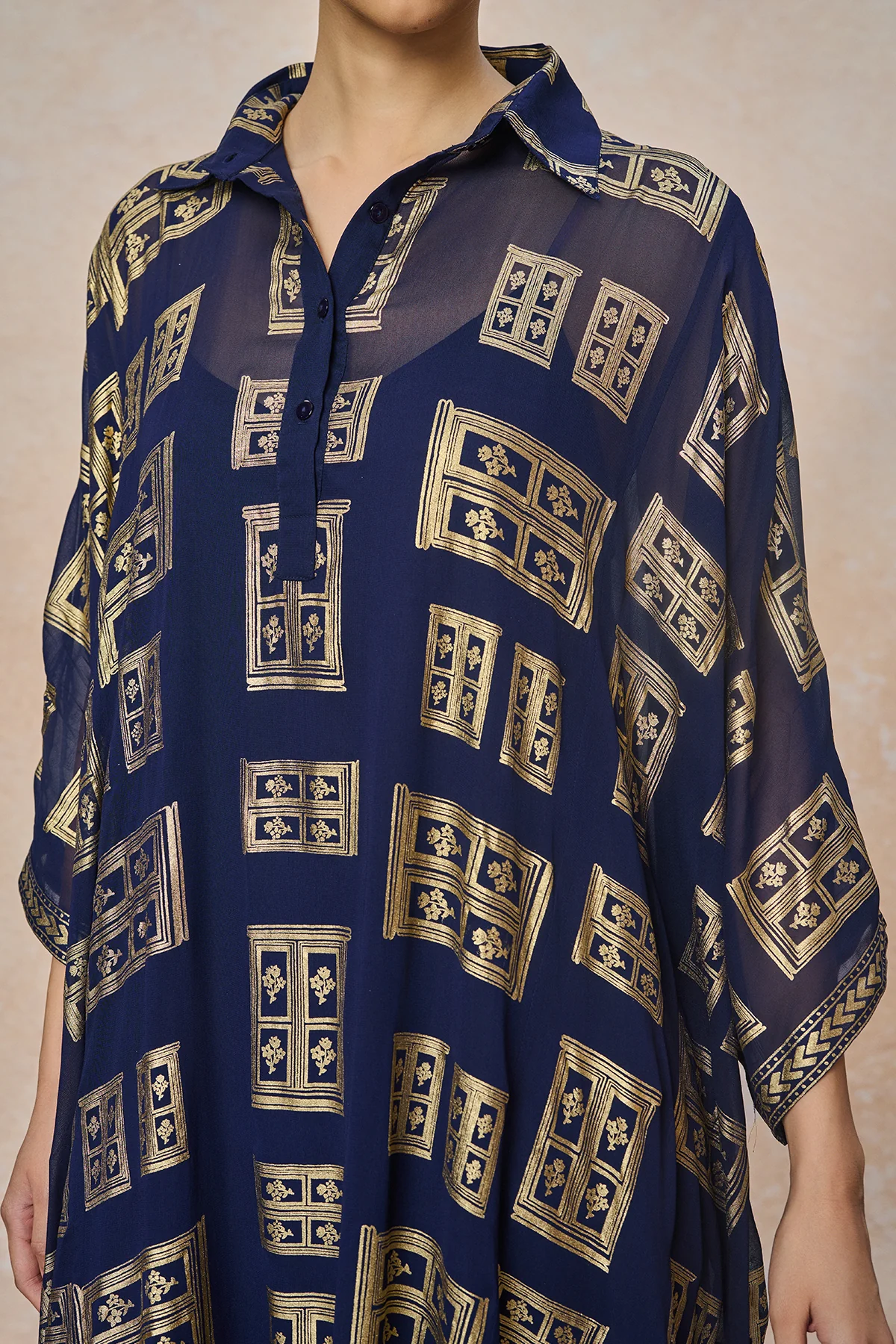Blue Open Doors Foil Collar Kaftan - Image 6
