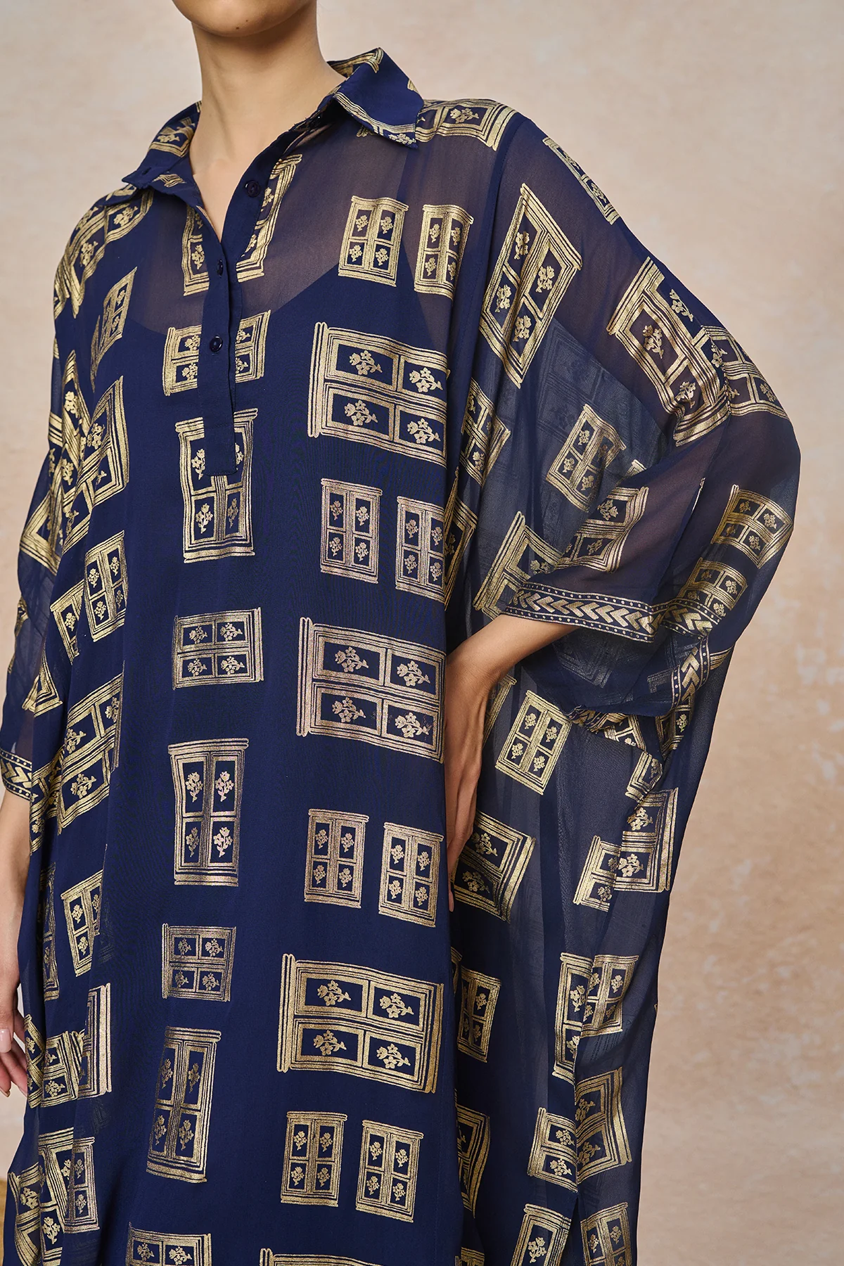 Blue Open Doors Foil Collar Kaftan - Image 7