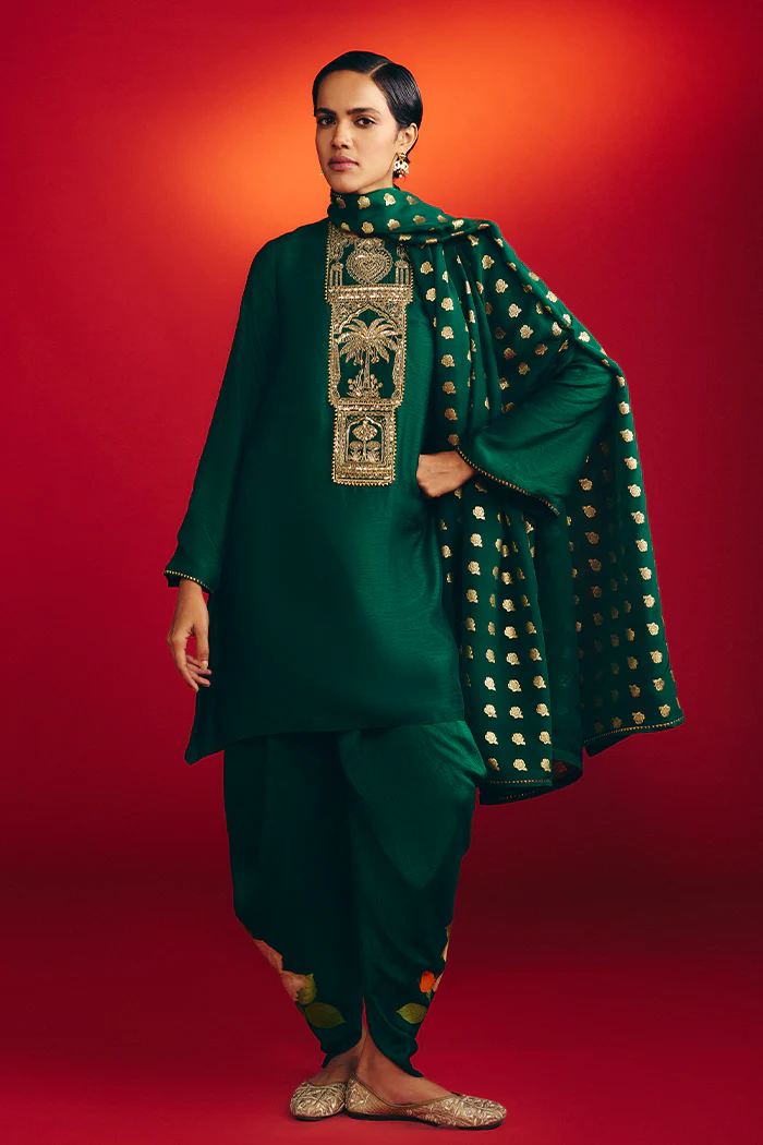 Bottle Green Rose Blush Kurta Set - Image 2