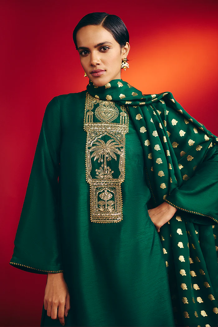 Bottle Green Rose Blush Kurta Set - Image 3