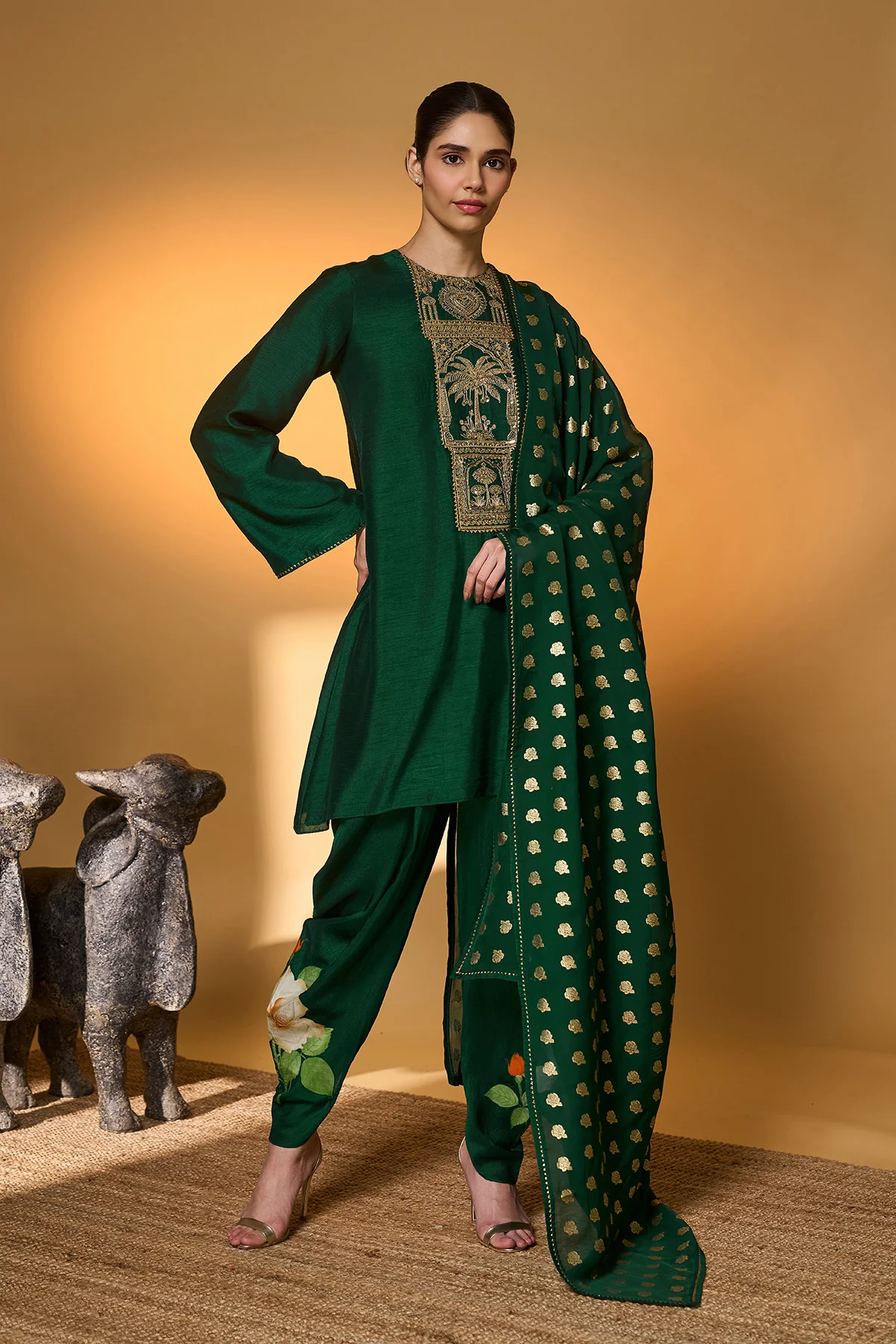Bottle Green Rose Blush Kurta Set - Image 4