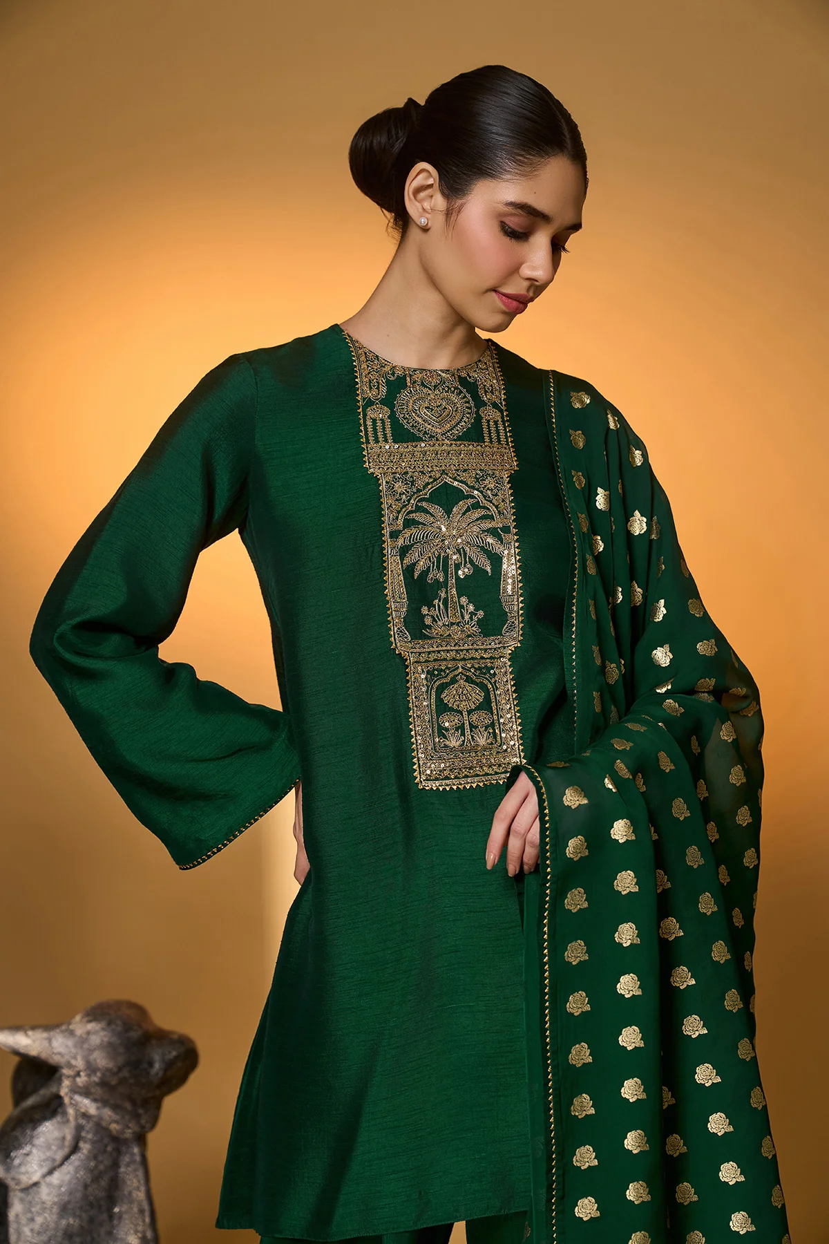 Bottle Green Rose Blush Kurta Set - Image 8