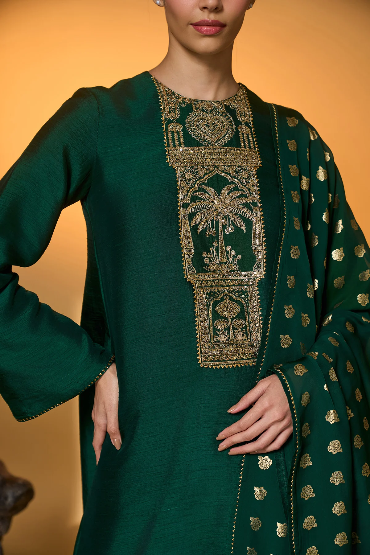 Bottle Green Rose Blush Kurta Set - Image 9