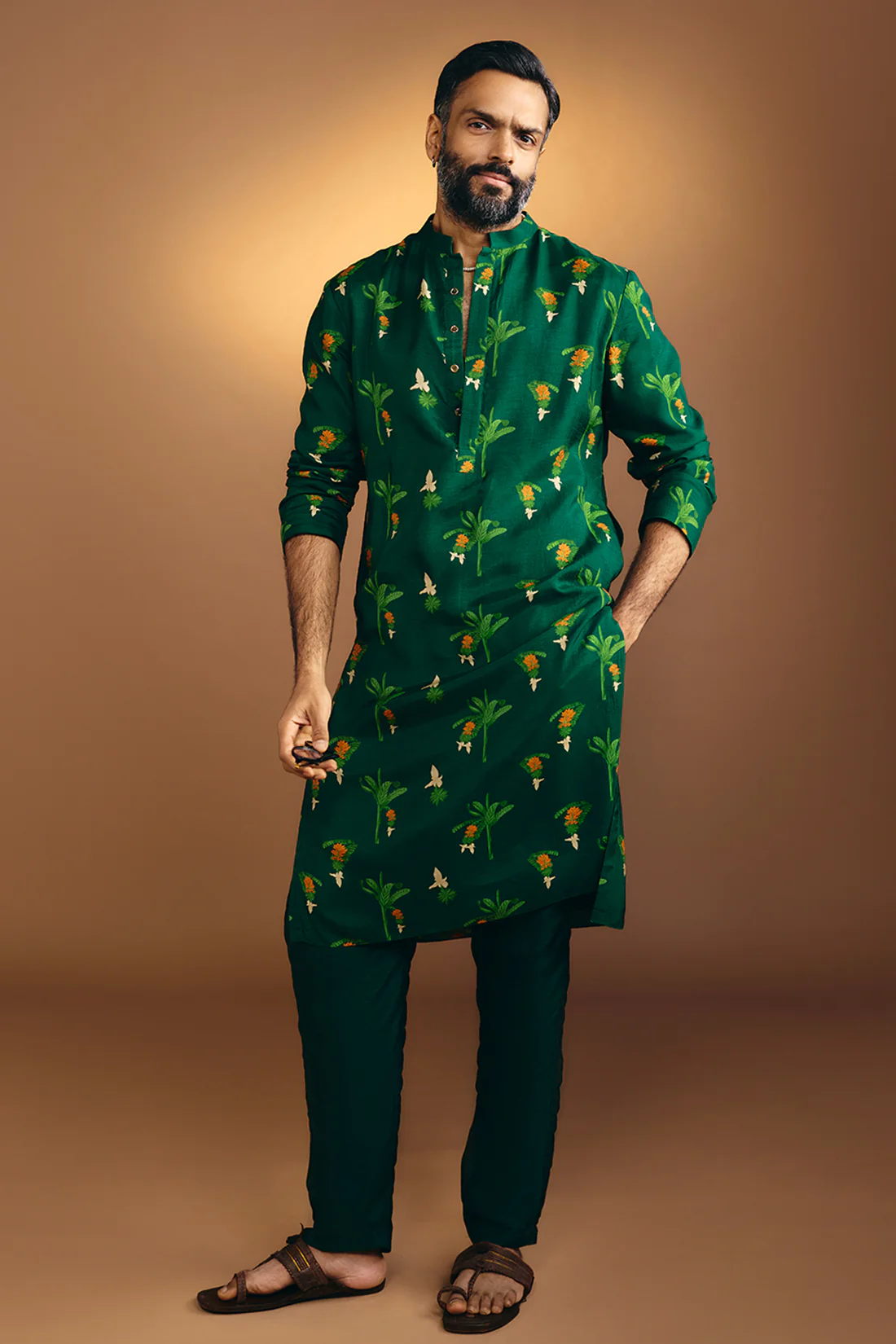 Bottle Green Tropical Kurta Set - Image 3