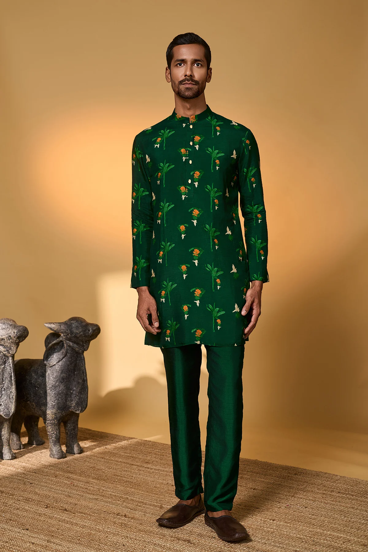 Bottle Green Tropical Kurta Set - Image 4