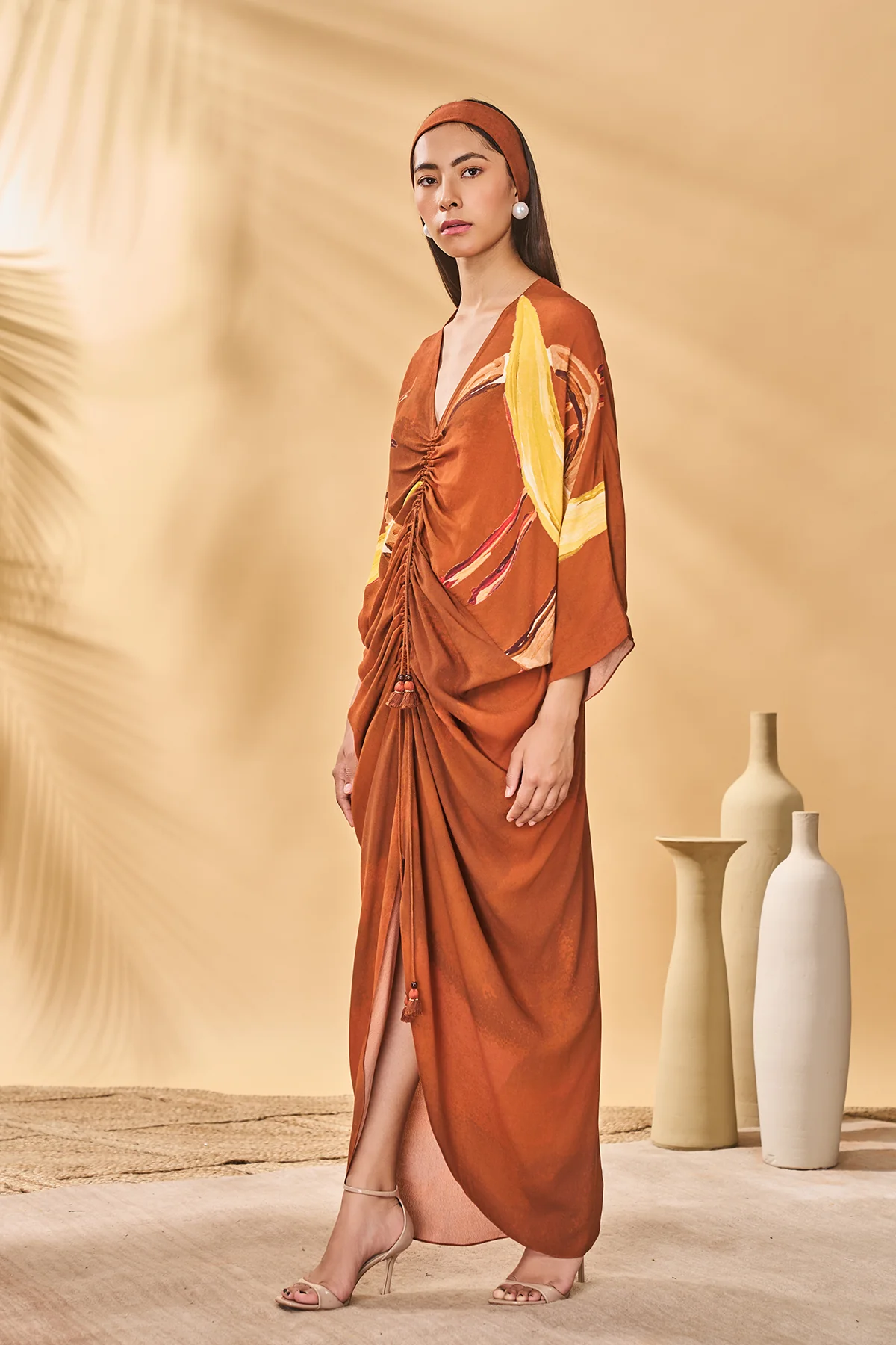 Brown Feathered Cinched Kaftan - Image 3