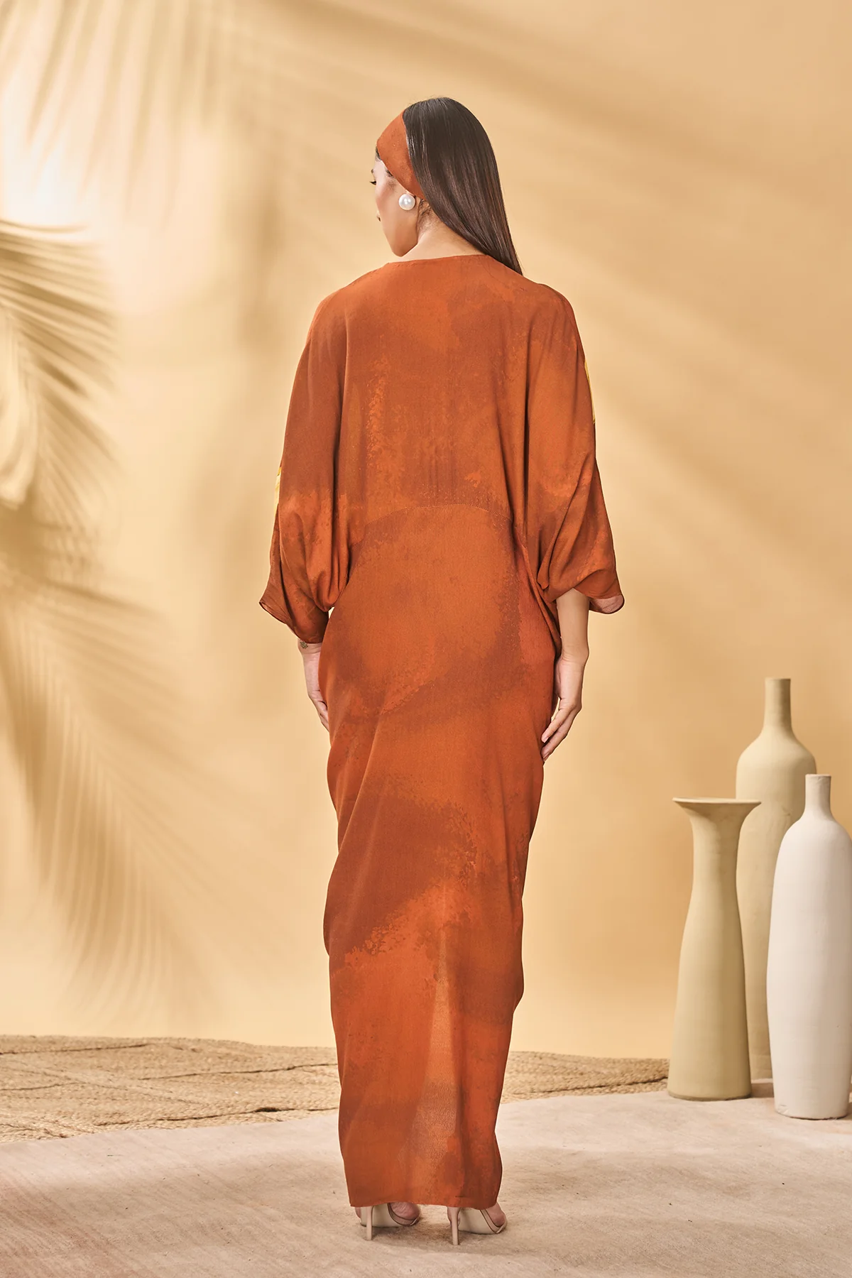 Brown Feathered Cinched Kaftan - Image 5