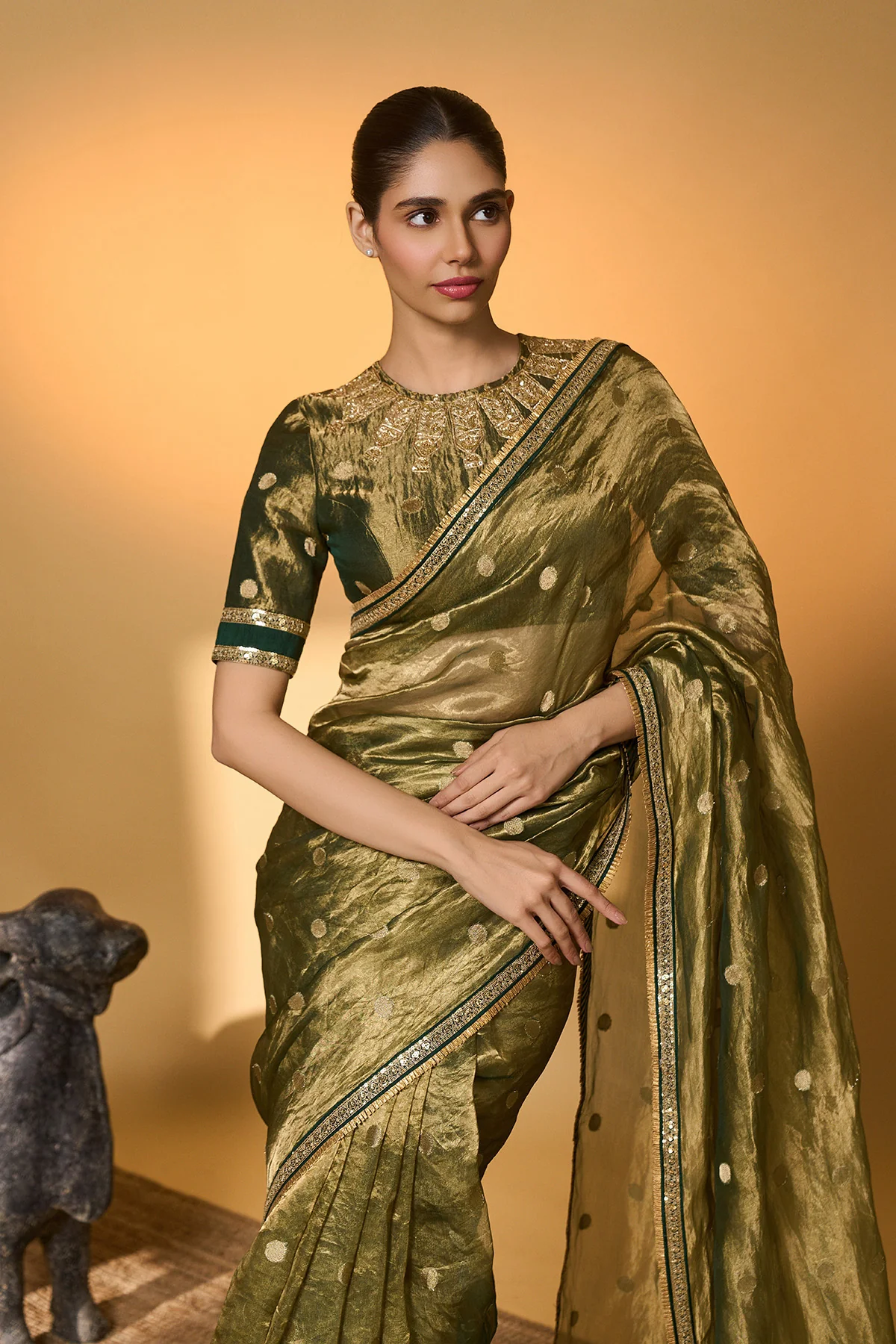 Green Polka Tissue Saree - Image 4