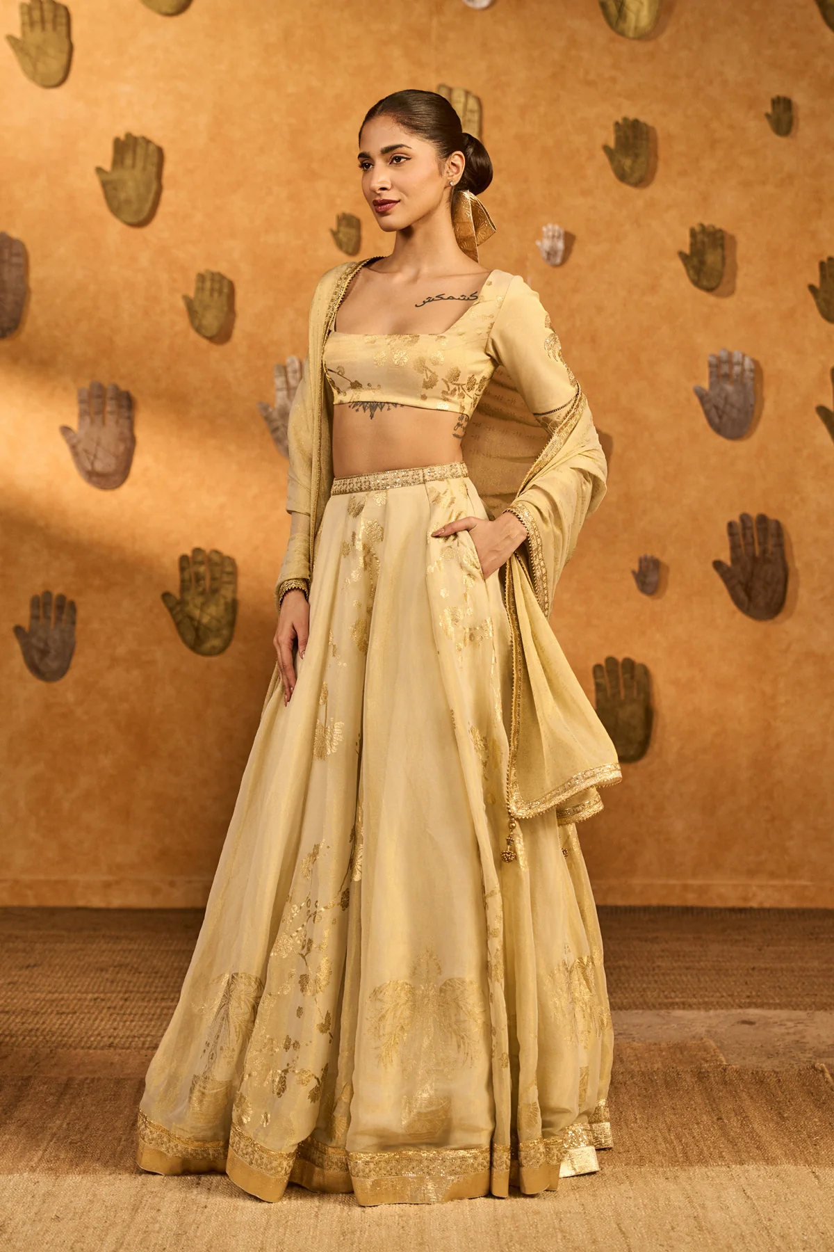 Gold Ivory Sakura Tissue Lehenga Set - Image 5