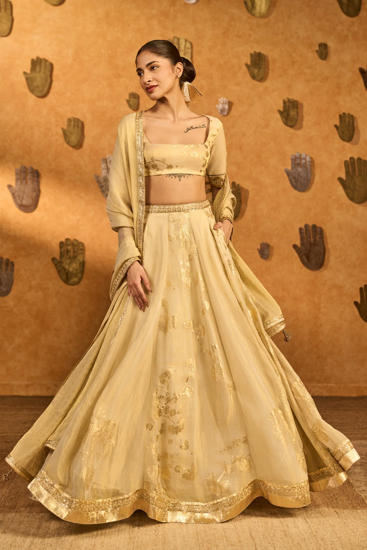 Gold Ivory Sakura Tissue Lehenga Set - Image 6
