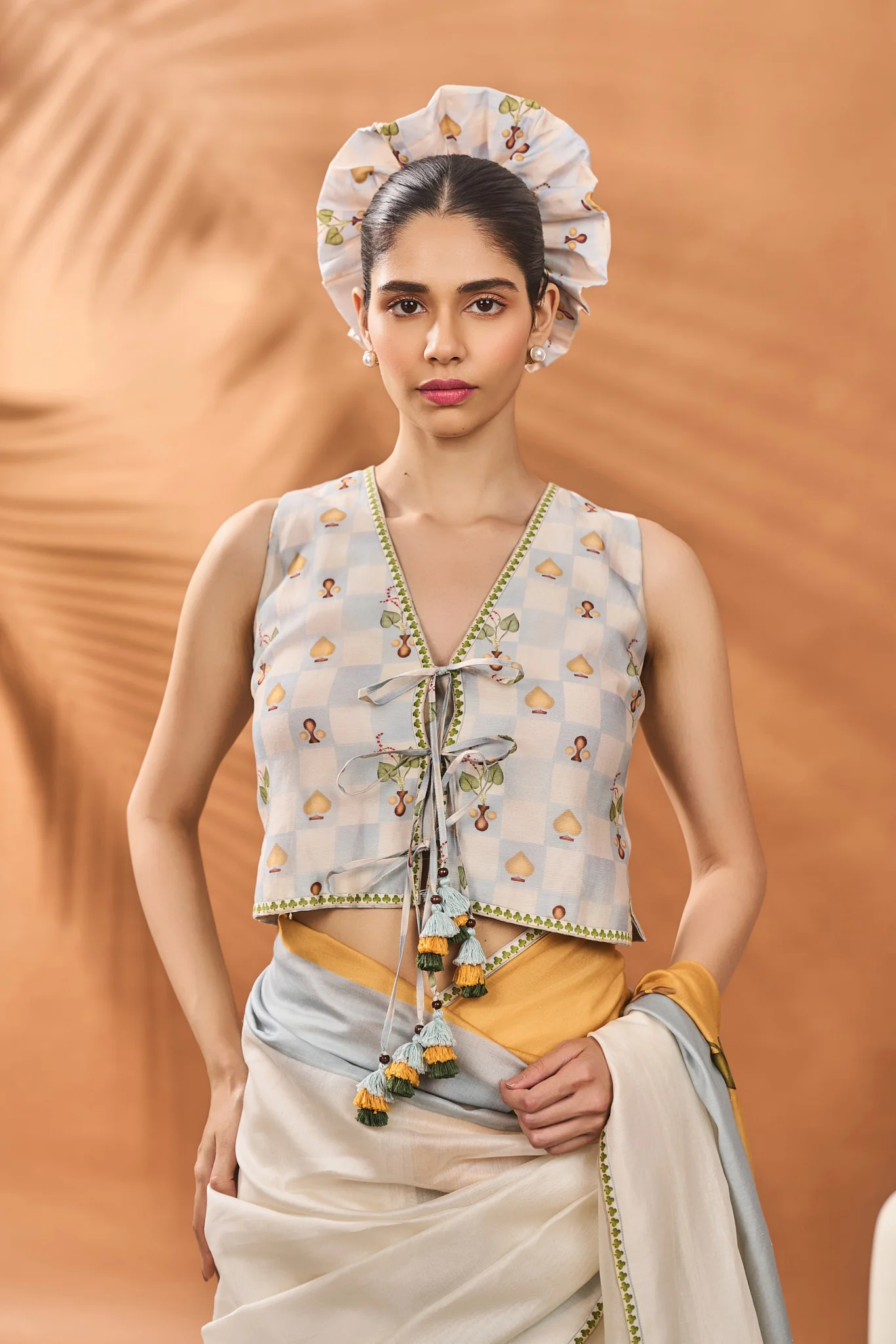 Ivory Stripe Garden Grid Saree - Image 6