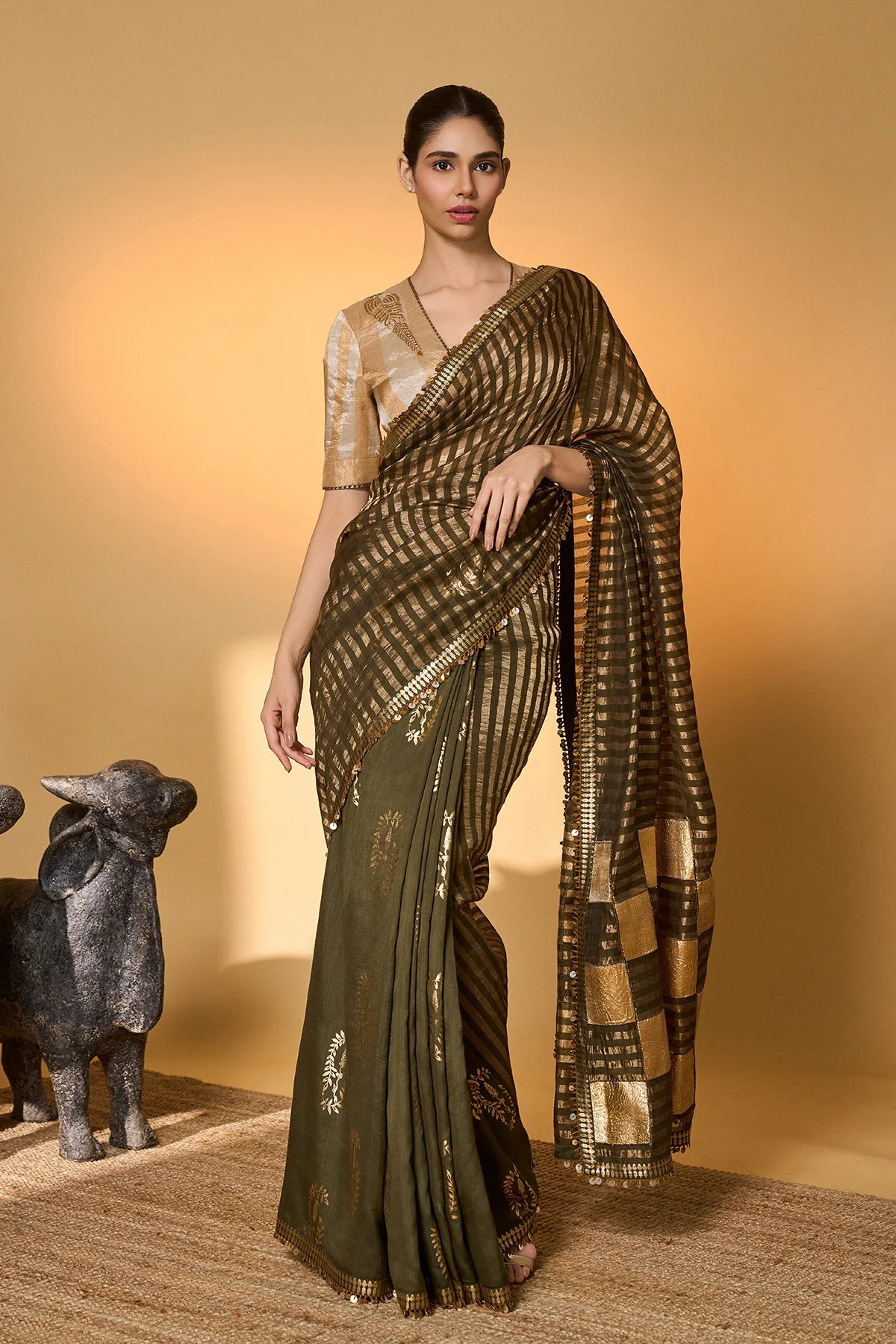 Olive Corncrest Gota Saree - Image 3