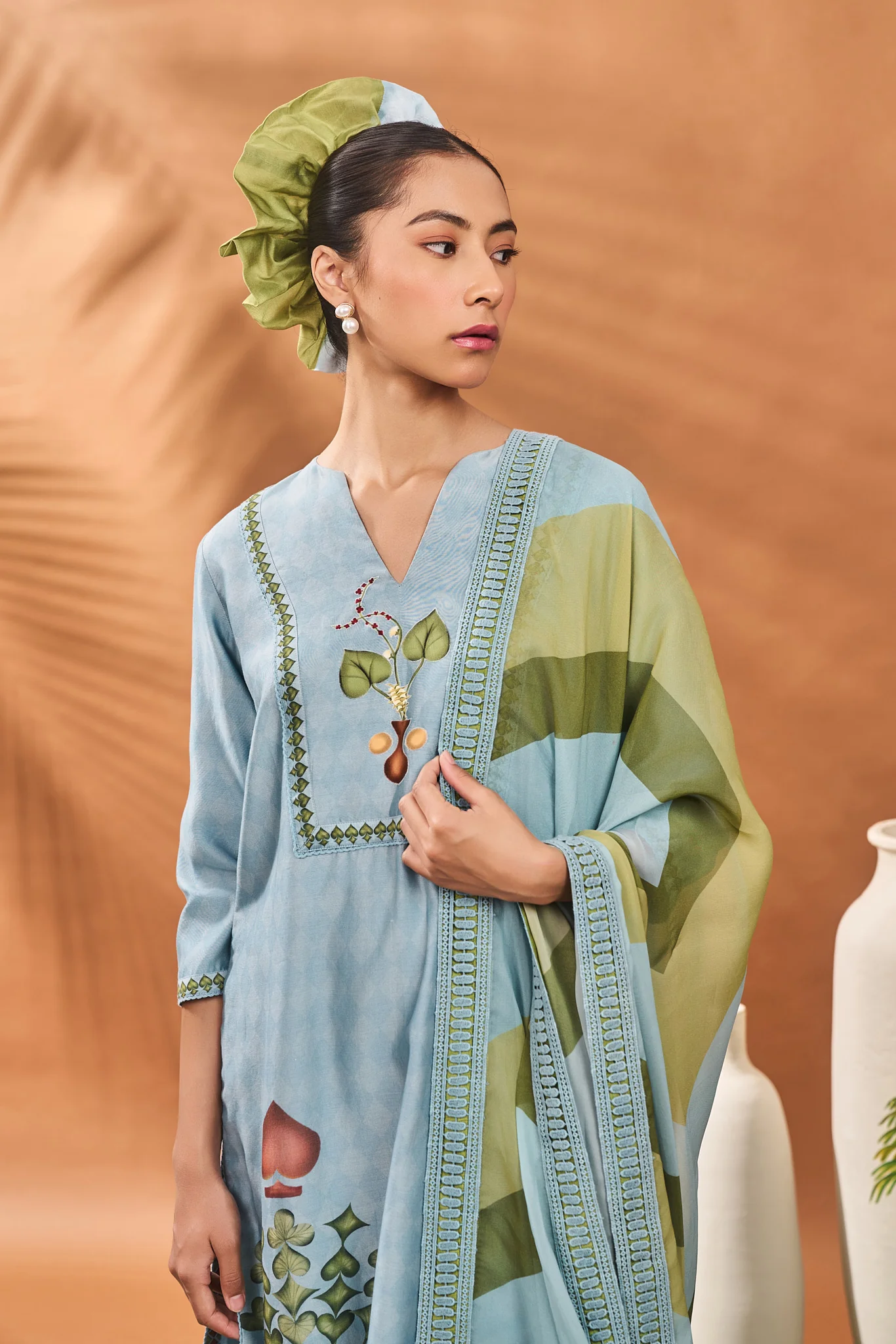 Powder Blue Spades Blossom Kurta Set - Image 3