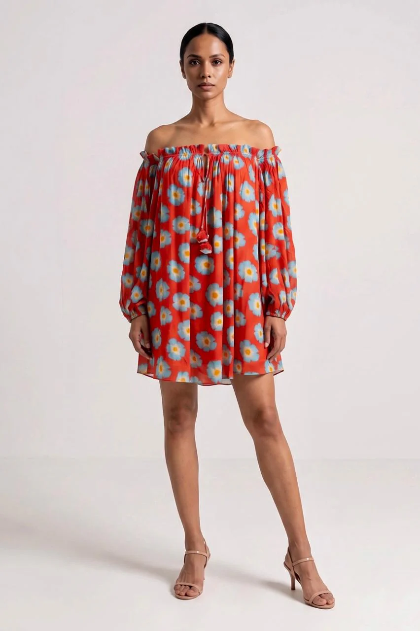 Red Crazy Daisy Off Shoulder Dress
