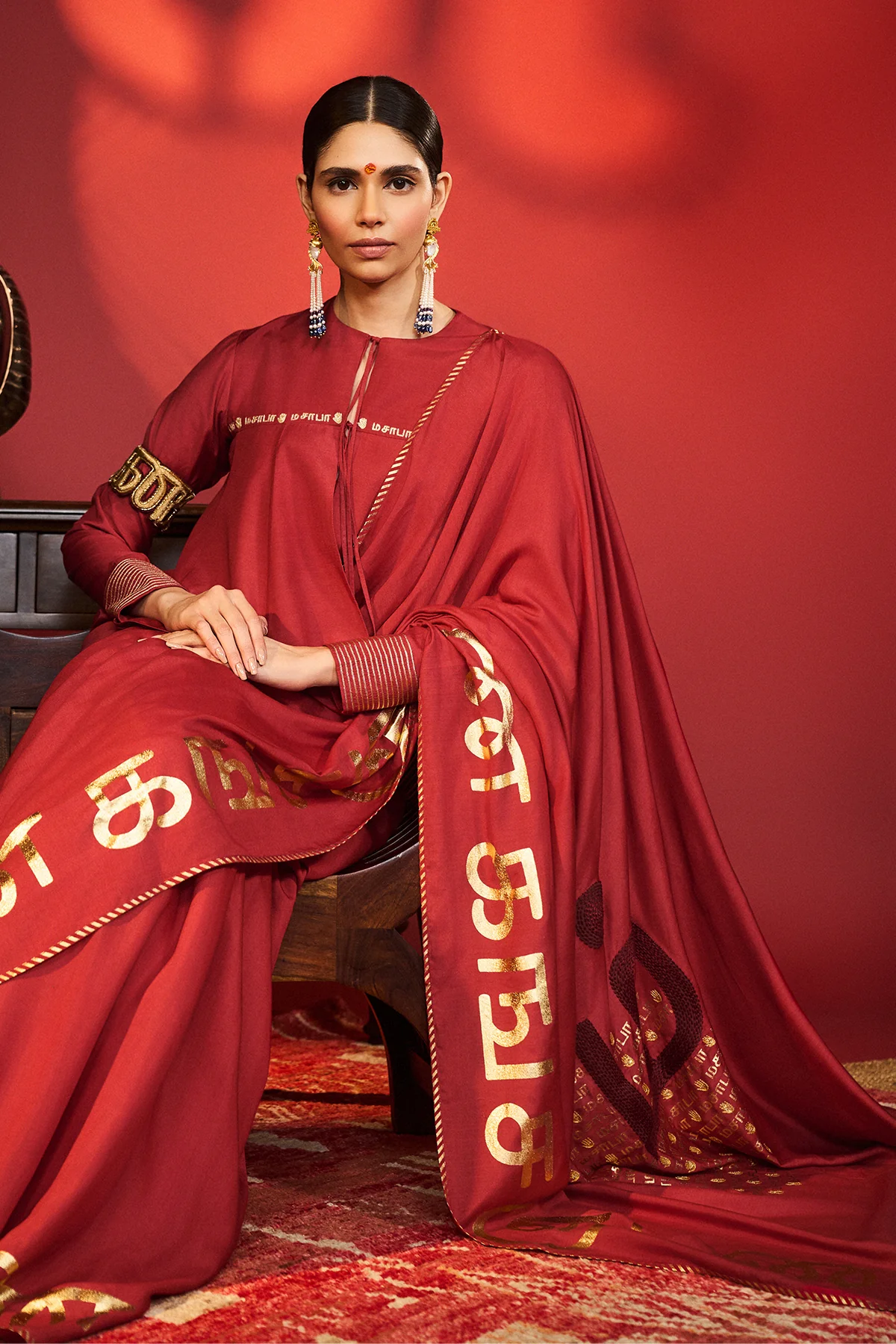 Red Madras Muse Saree - Image 4
