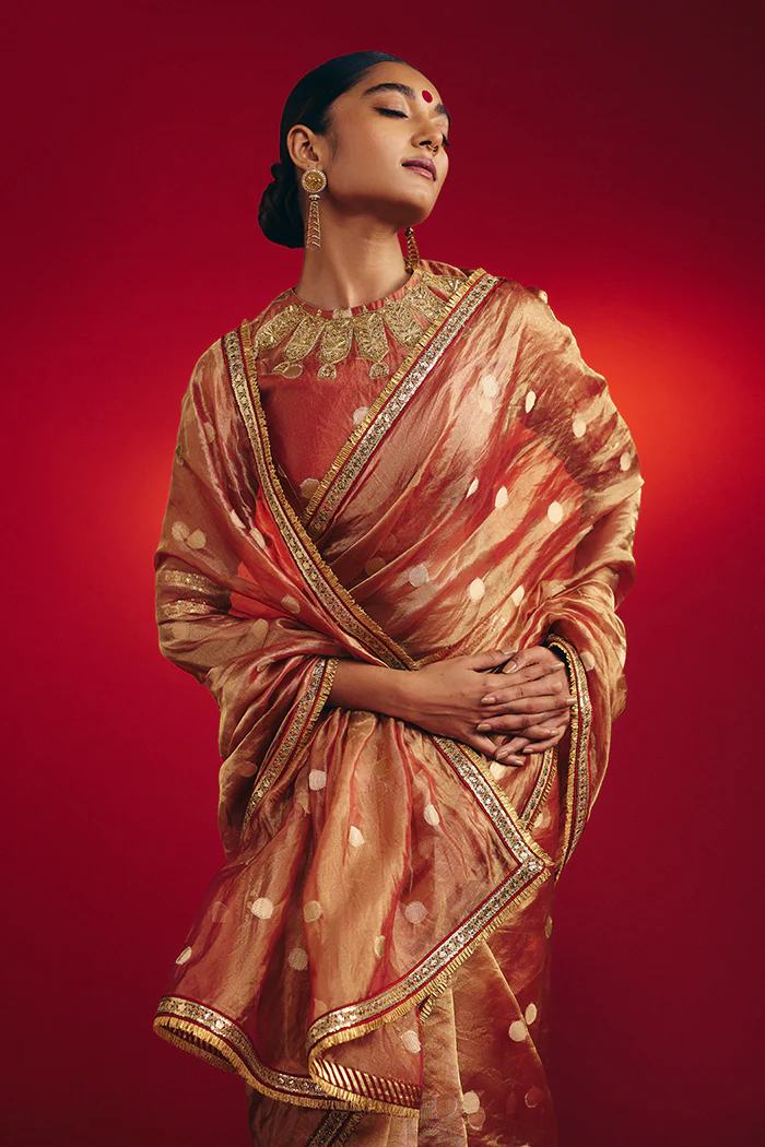 Red Polka Tissue Saree - Image 5