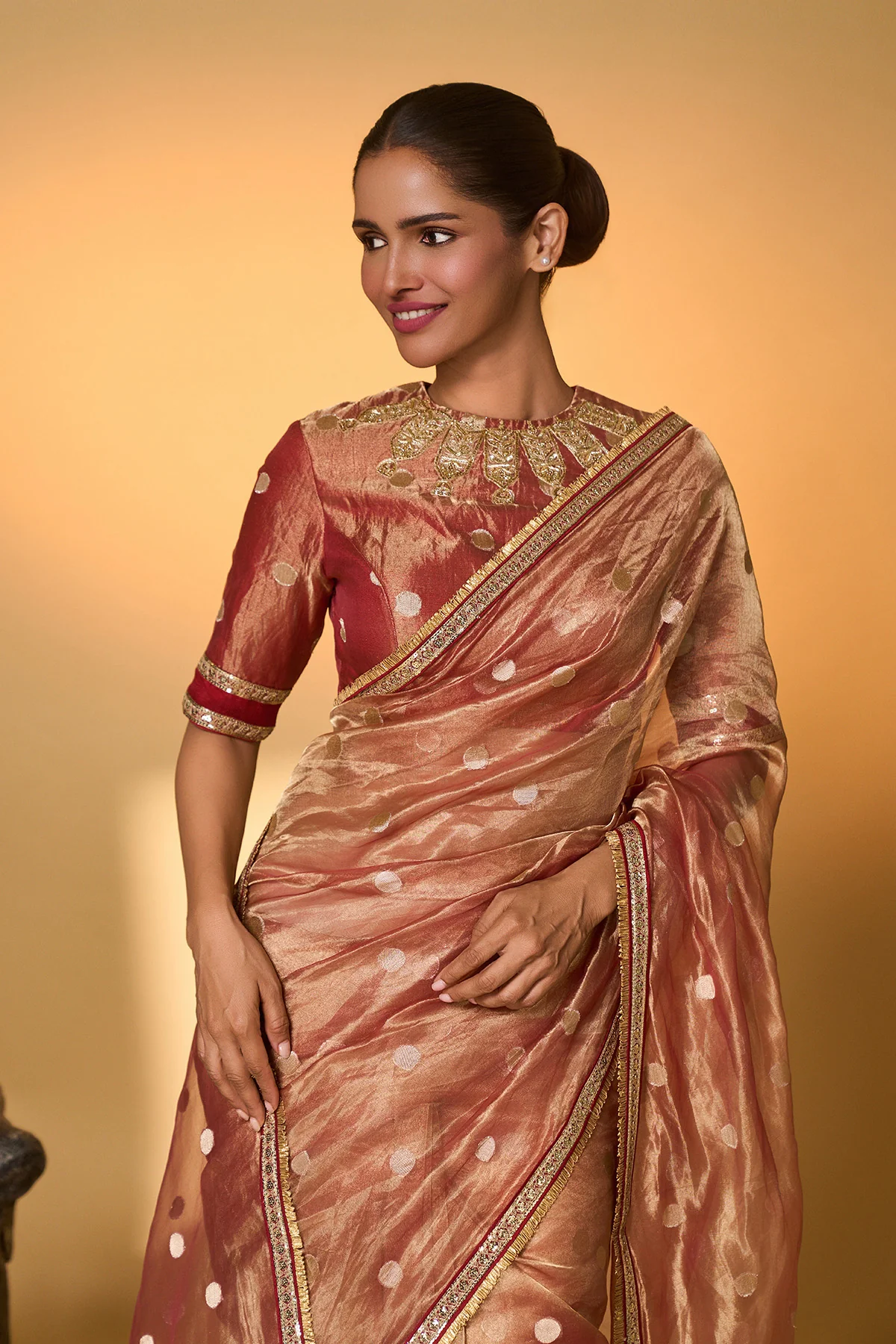 Red Polka Tissue Saree - Image 9