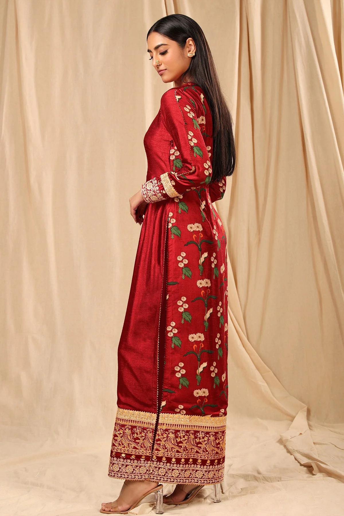 Red Spring Blossom Kurta - Image 3