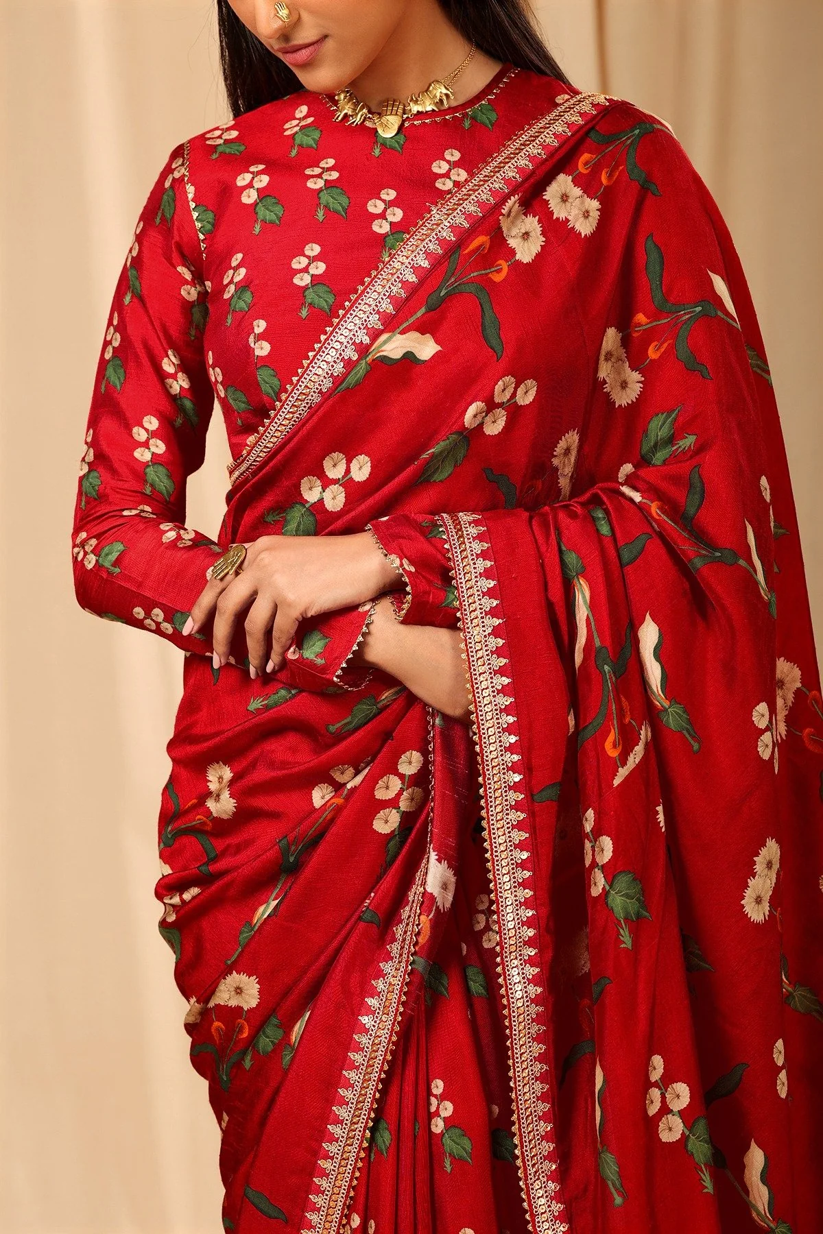 Red Spring Blossom Saree - Image 6