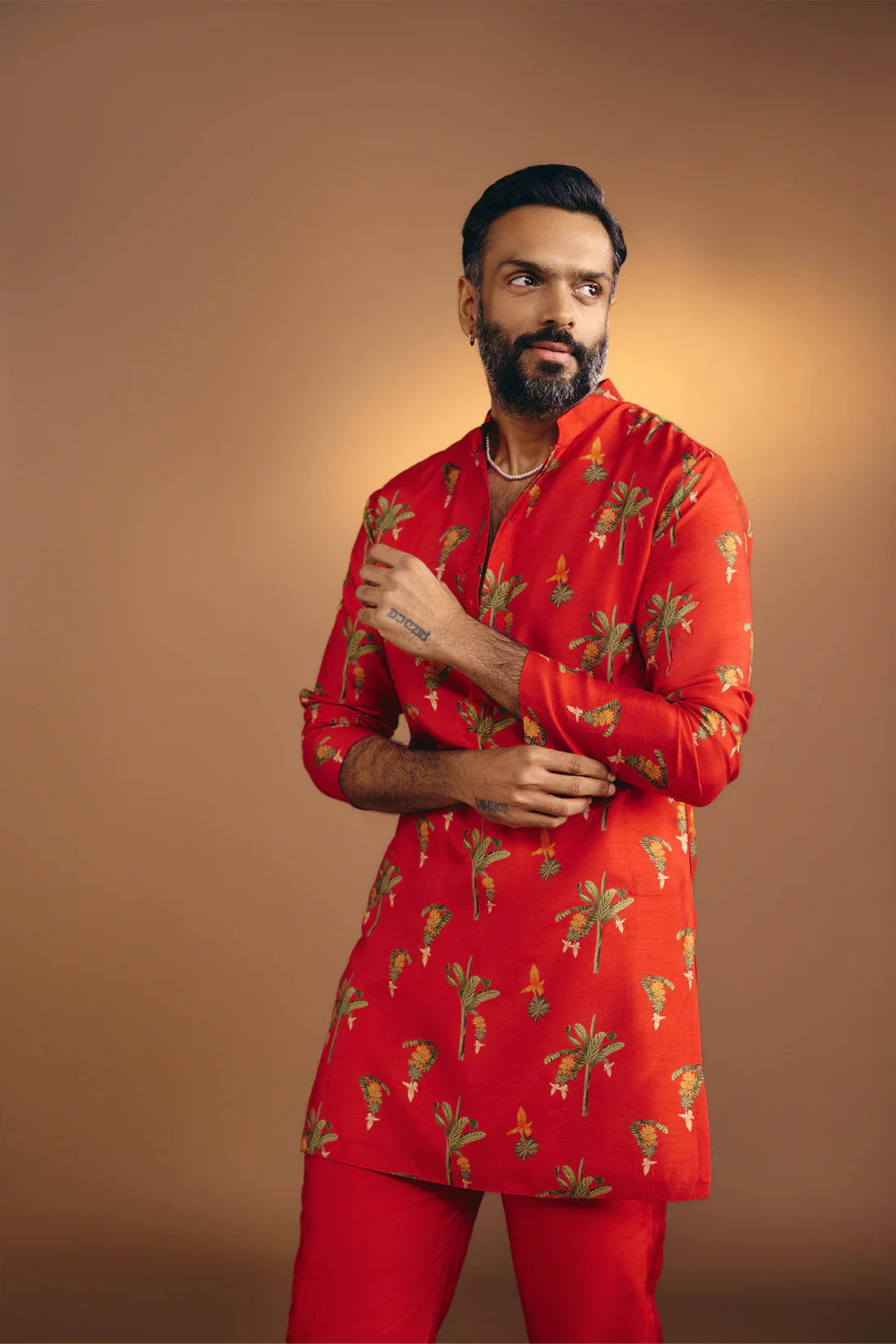 Red Tropical Kurta Set - Image 3