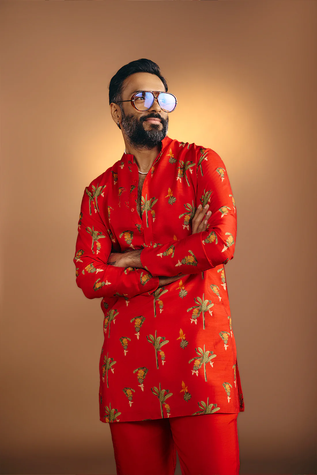 Red Tropical Kurta Set - Image 4