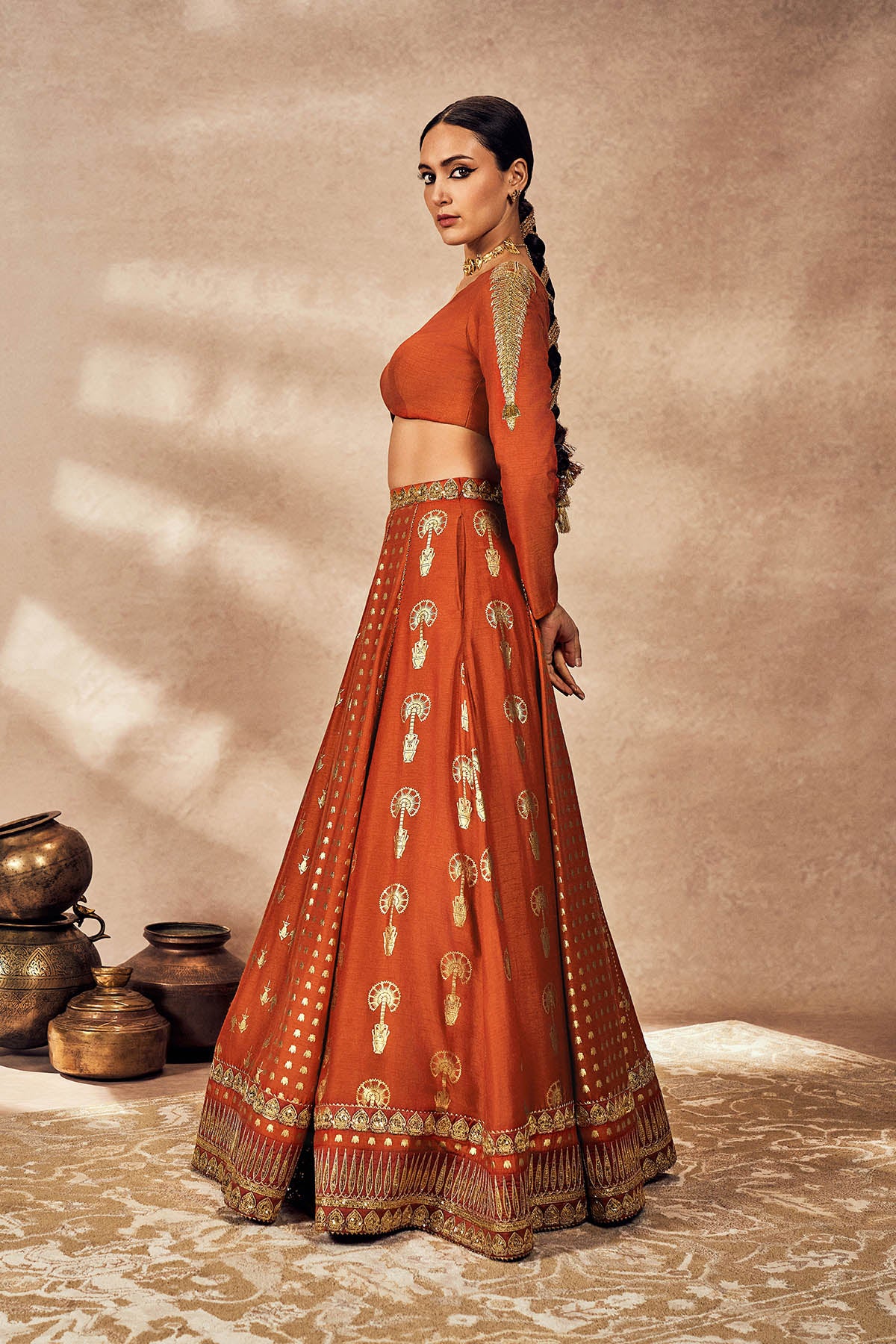 Rust Foil One Shoulder Lehenga Set - Image 3
