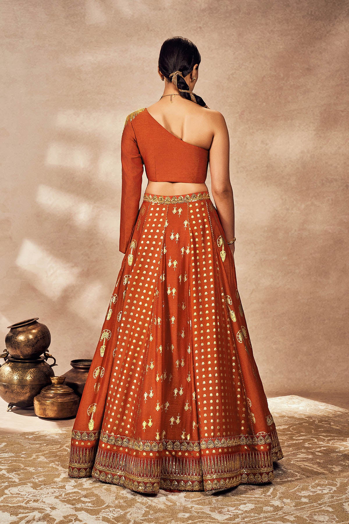 Rust Foil One Shoulder Lehenga Set - Image 4