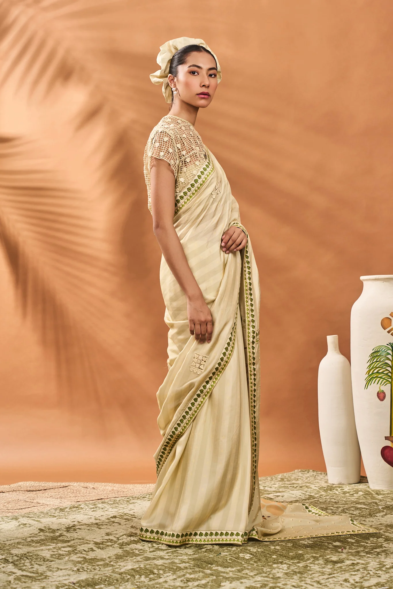 Sage Green Striped All Fours Saree - Image 2