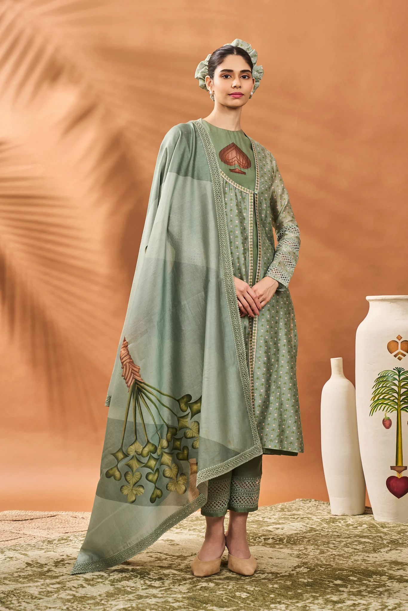 Sage Green Tree of Hearts Angrakha Kurta Set