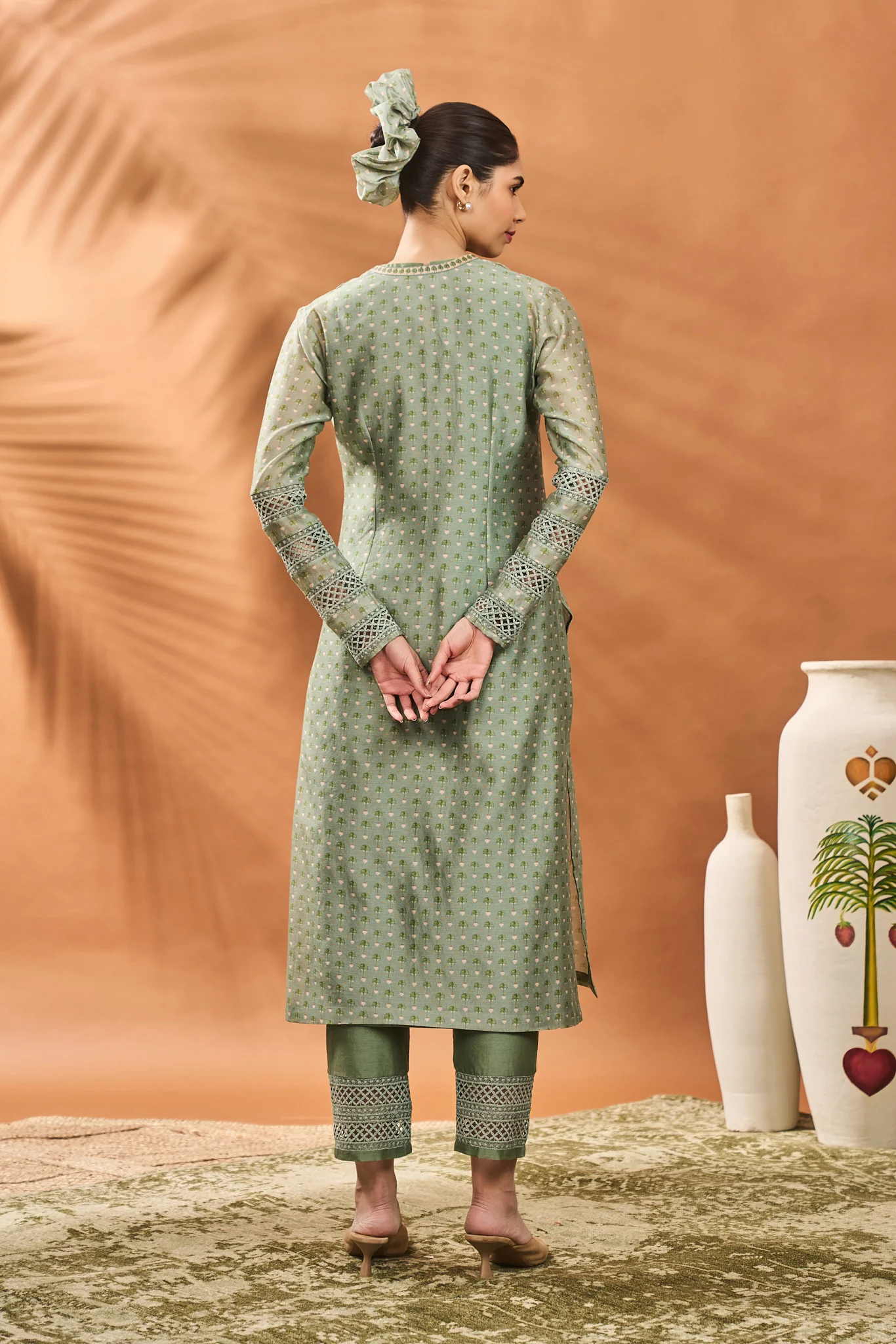 Sage Green Tree of Hearts Angrakha Kurta Set - Image 2