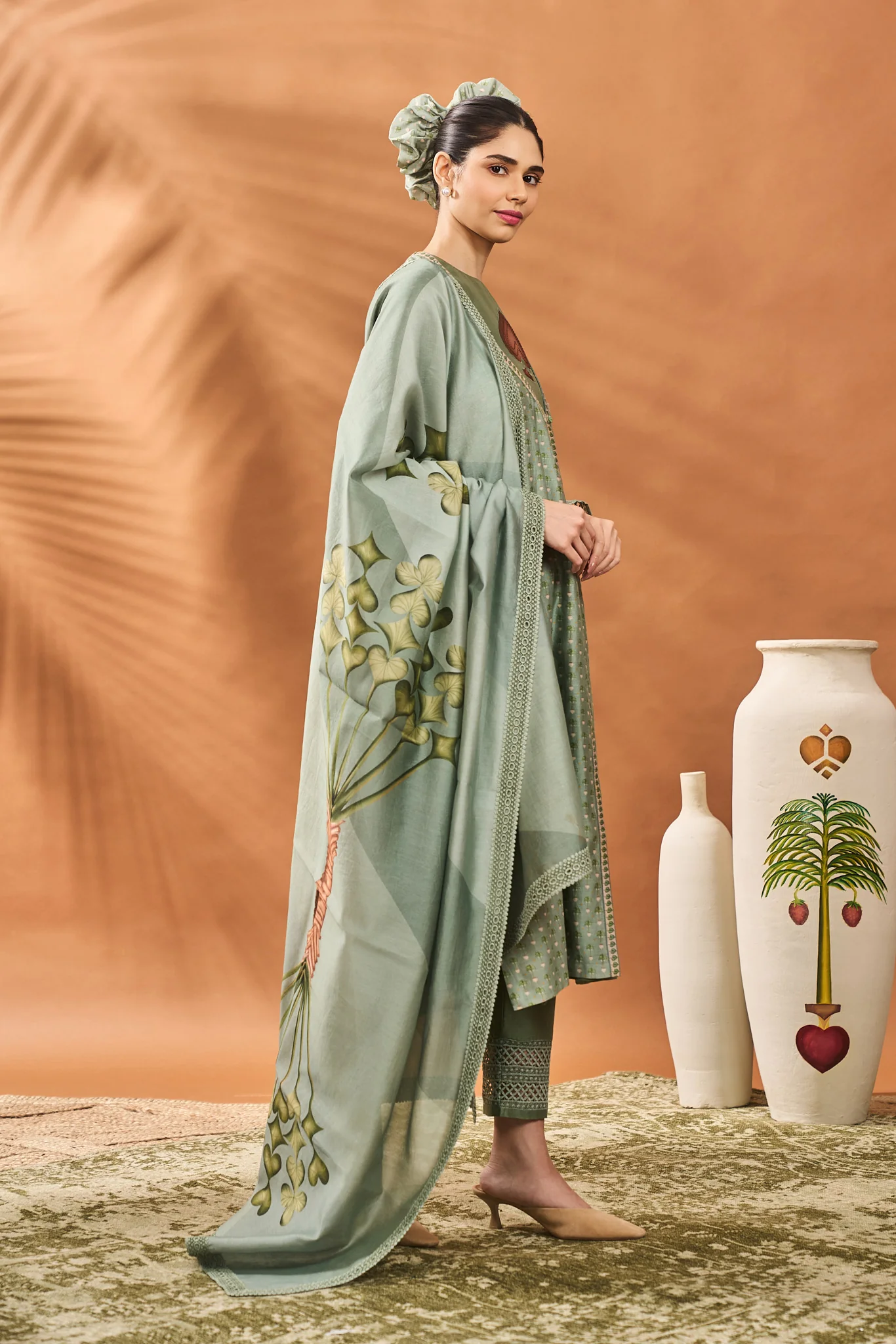 Sage Green Tree of Hearts Angrakha Kurta Set - Image 3