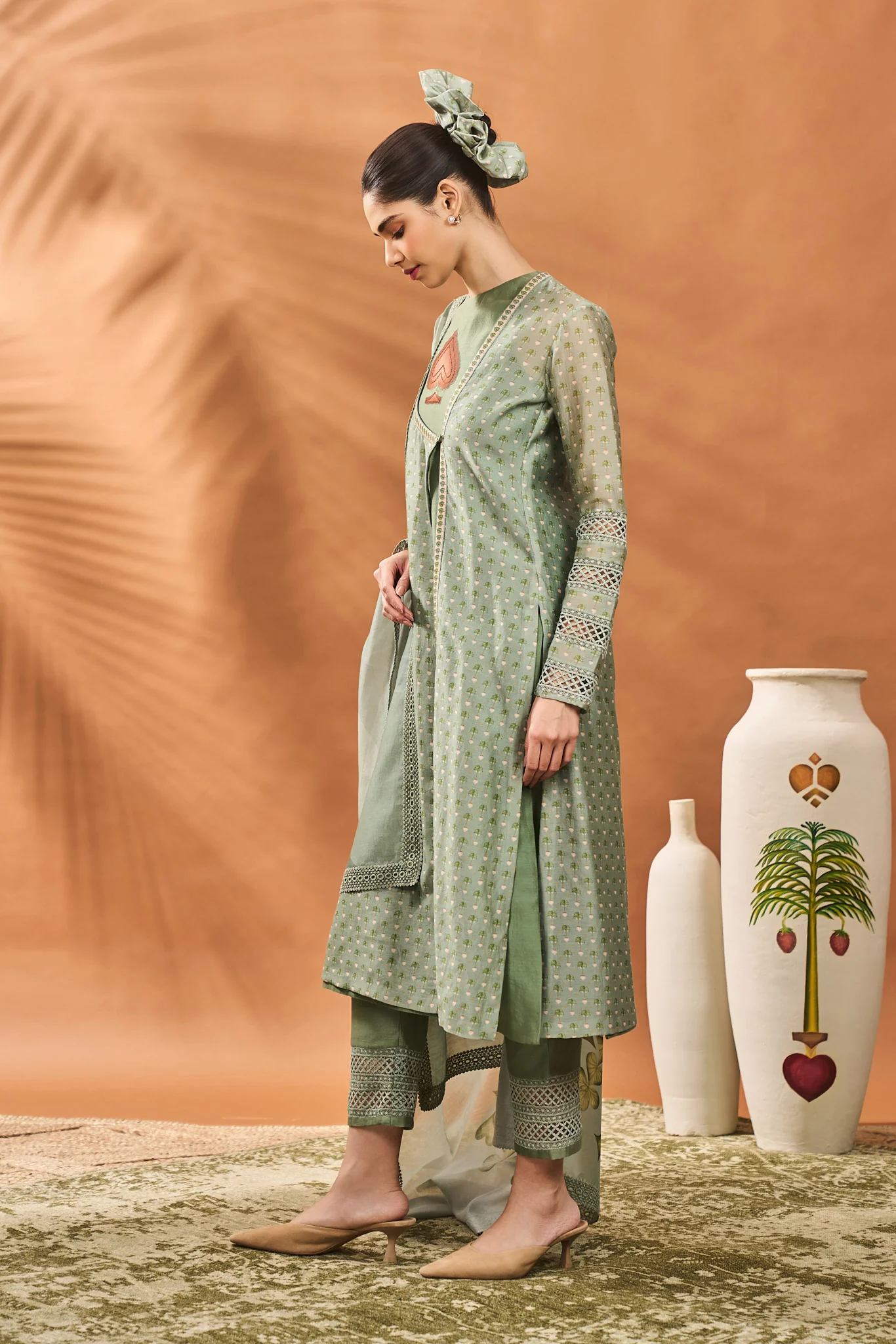 Sage Green Tree of Hearts Angrakha Kurta Set - Image 4