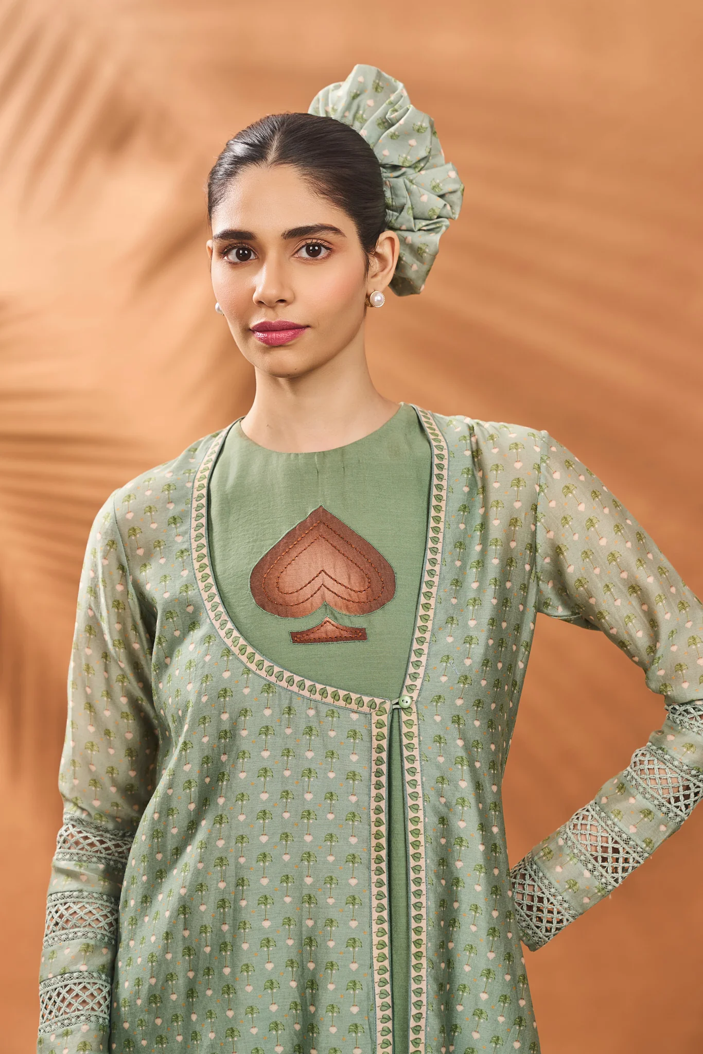 Sage Green Tree of Hearts Angrakha Kurta Set - Image 5
