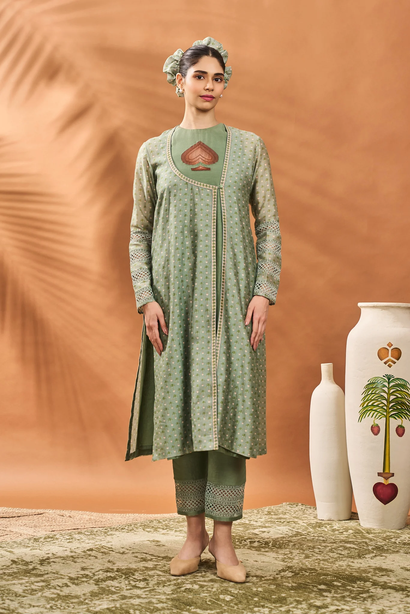 Sage Green Tree of Hearts Angrakha Kurta Set - Image 6