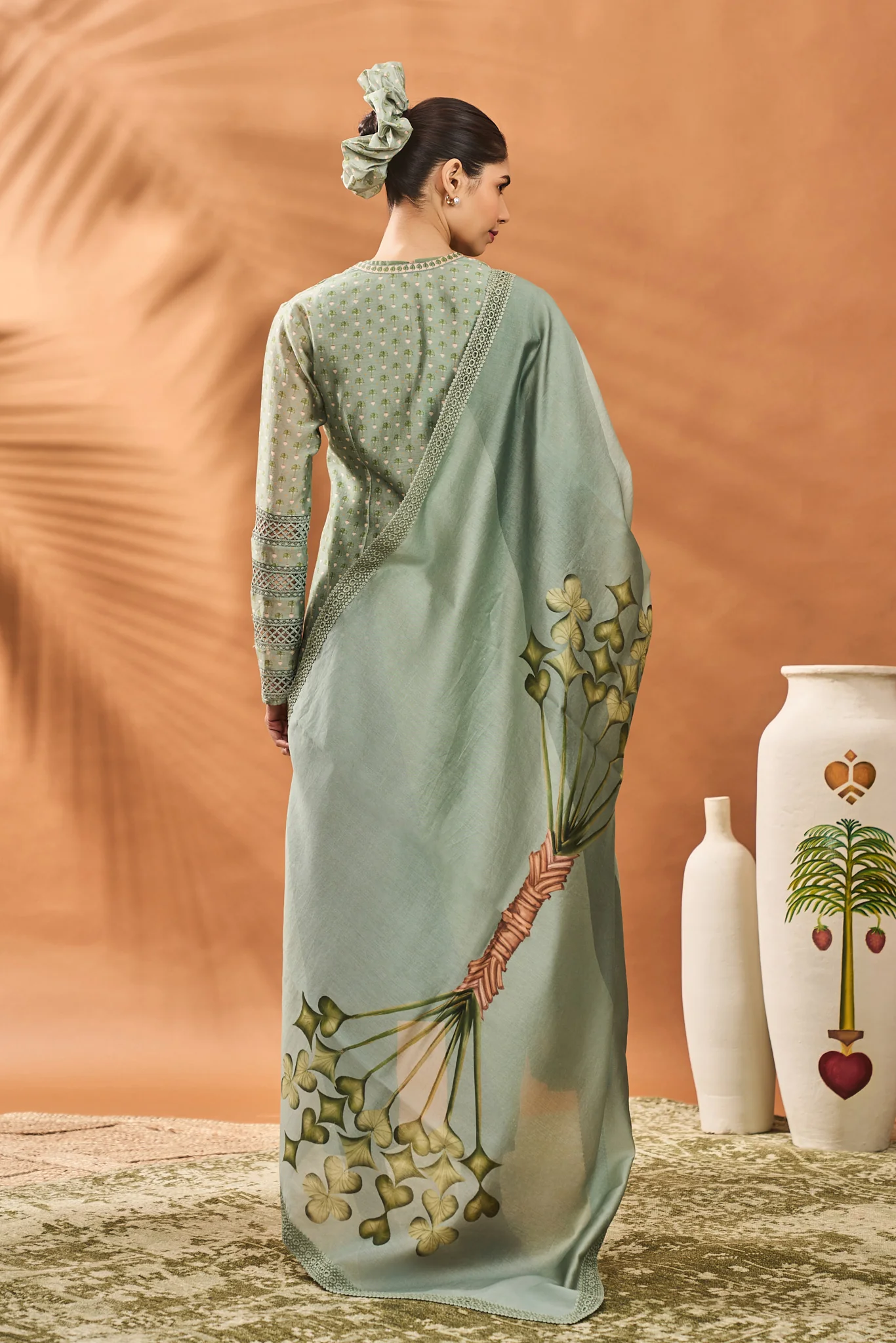 Sage Green Tree of Hearts Angrakha Kurta Set - Image 7