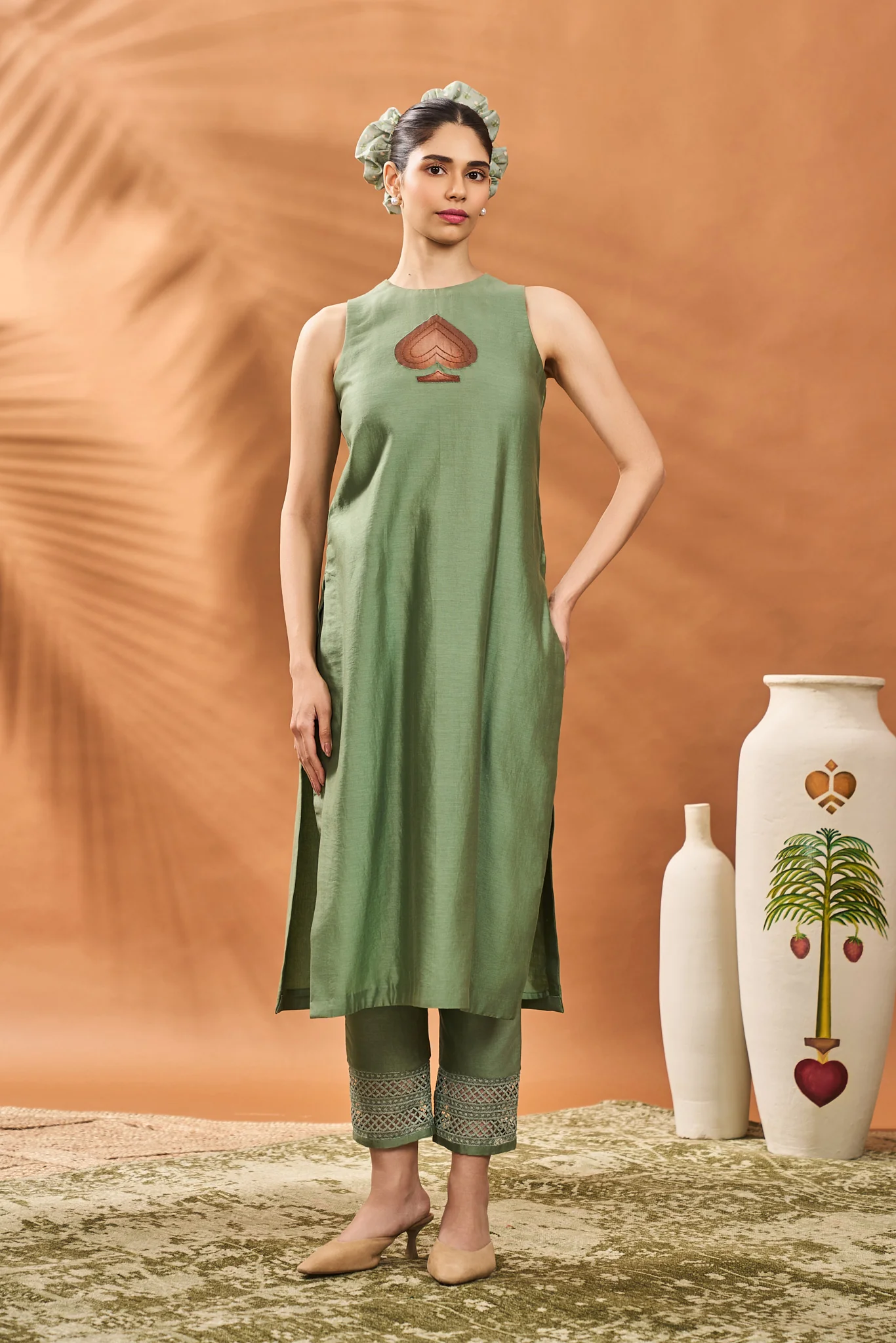 Sage Green Tree of Hearts Angrakha Kurta Set - Image 8